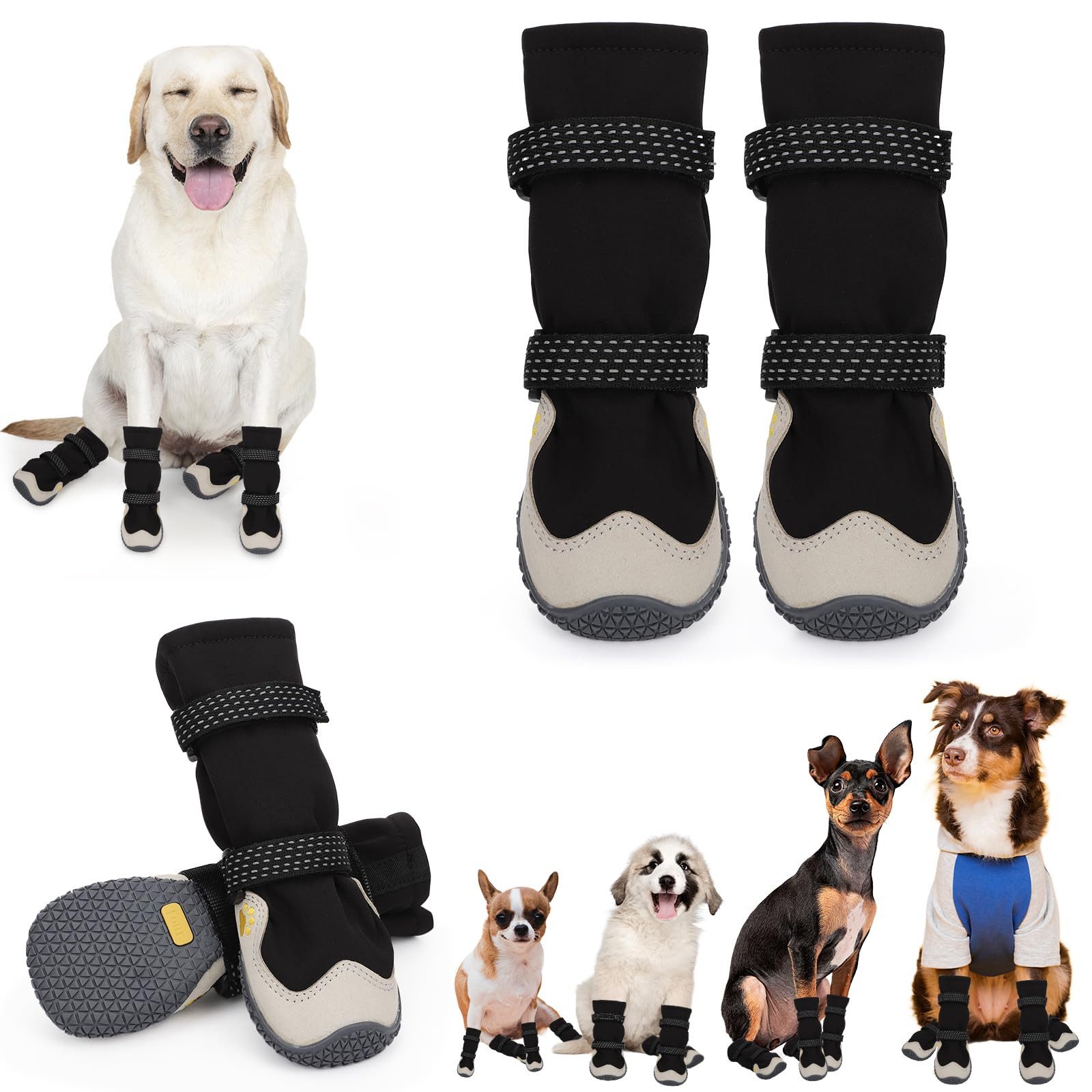 Ledander Pfotenschutz Anti-Rutsch Hundeschuhe mit reflektierenden Riemen wasserdicht,4 Stück, Gummisohle Hundeschuhe Pfotenschutz fürkleine,mittlere und große Hunde