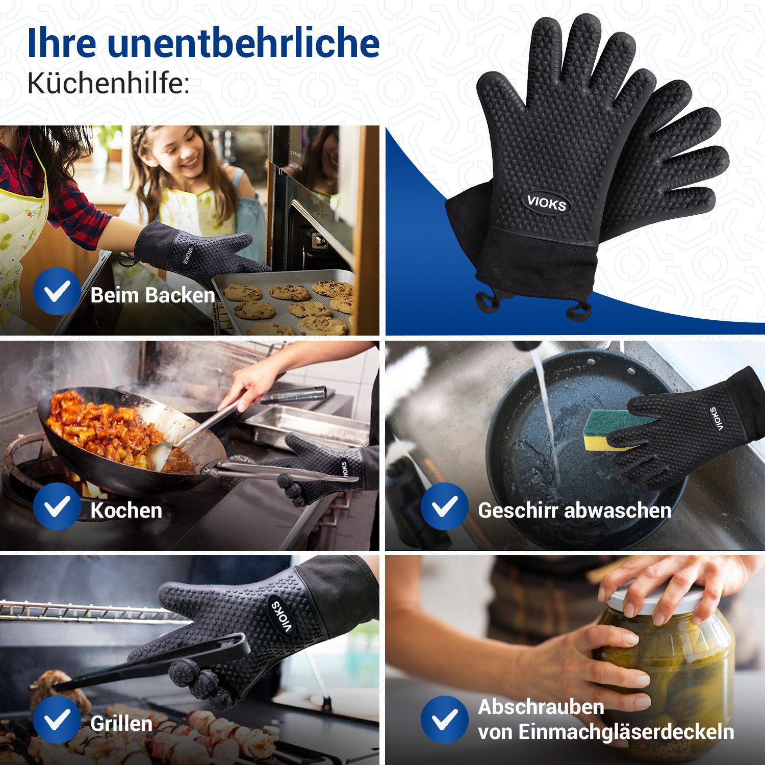 VIOKS Grillhandschuhe Ofenhandschuhe 2 Stück feuerfest rutschfest, für Grill BBQ – Bild 5 von 5