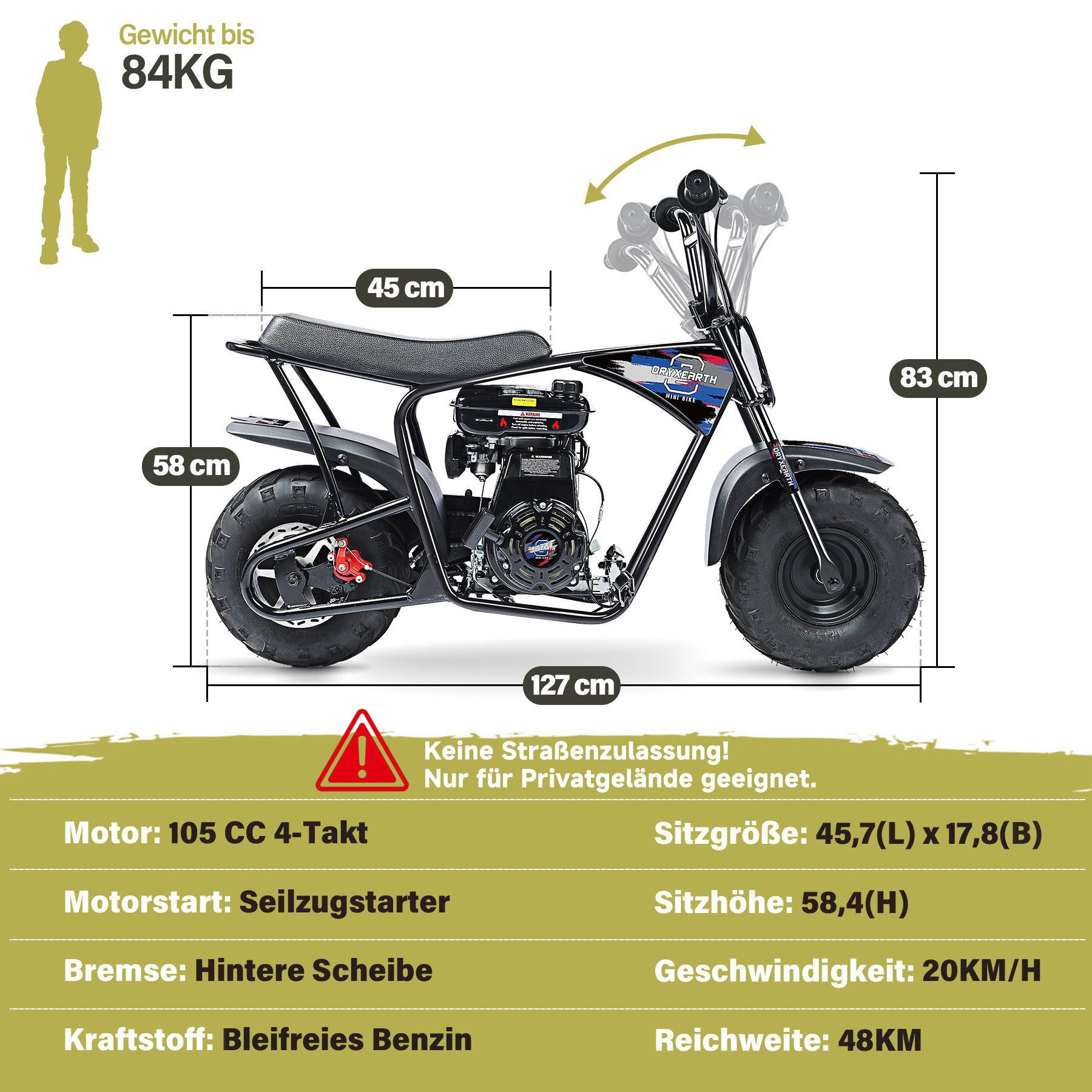 Oryxearth Dirt-Bike Pocket bike Minicross 105cc 20km/h Gasbetriebenes Offroad-Motorrad