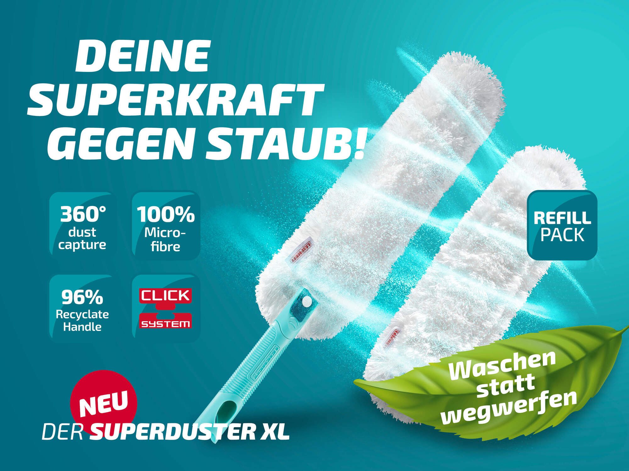 Leifheit Staubwischer SUPERDUSTER XL mit Ersatzbezug (3-St), waschbar, Mikrofaser, bindet Staub sicher auf großer Fläche