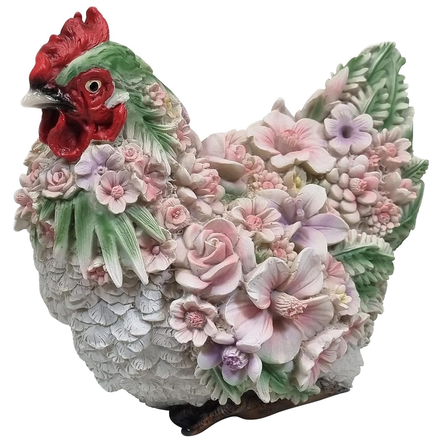 Tierfigur Huhn mit Blumendekor sitzend Tierfigur Gartenfigur