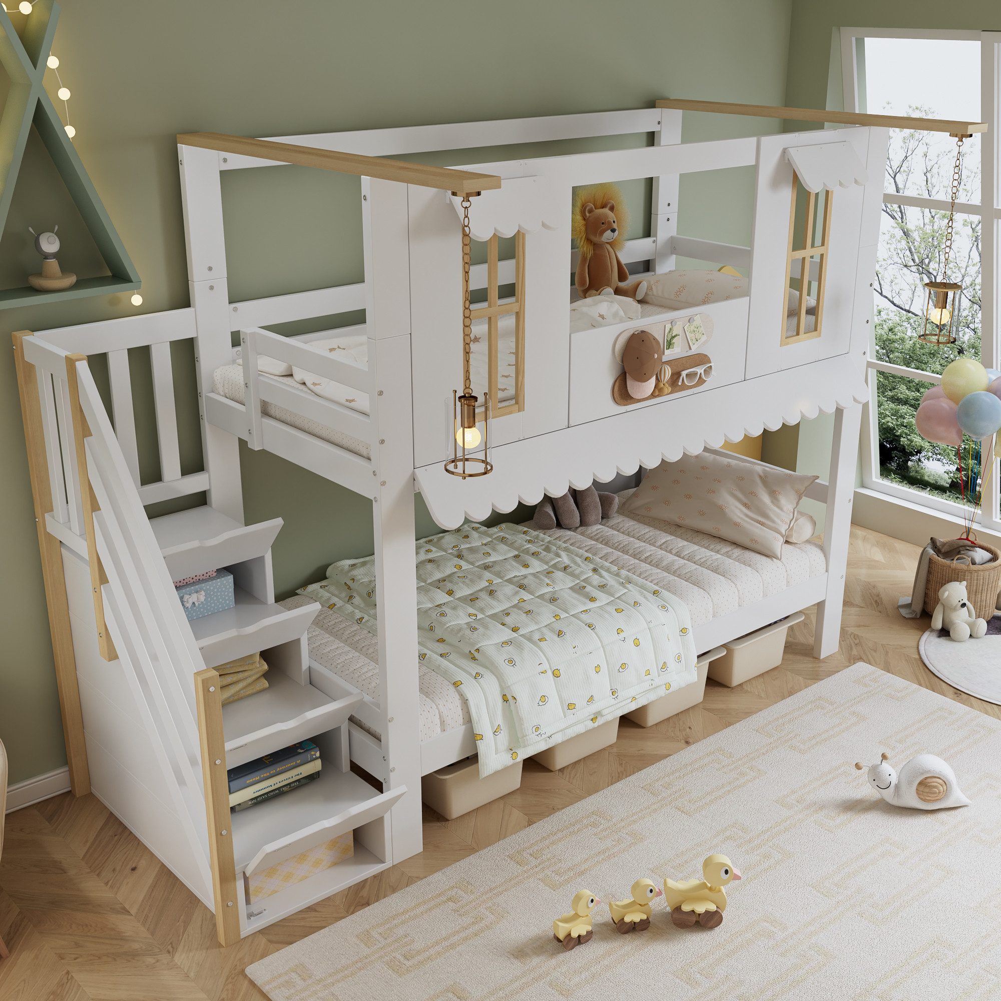 Merax Etagenbett (Kieferholz Hausbett Stockbett, 1-St), Kinderbett 90x200cm mit Aufbewahrungstreppe Fenster Dachrand Dekofilz