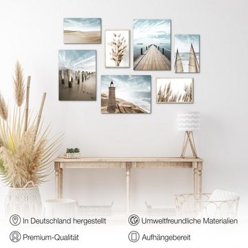 Novart Wandbild Strand Meer Leuchtturm Wohnzimmer Bilder Set Blau Beige, 7Teilig