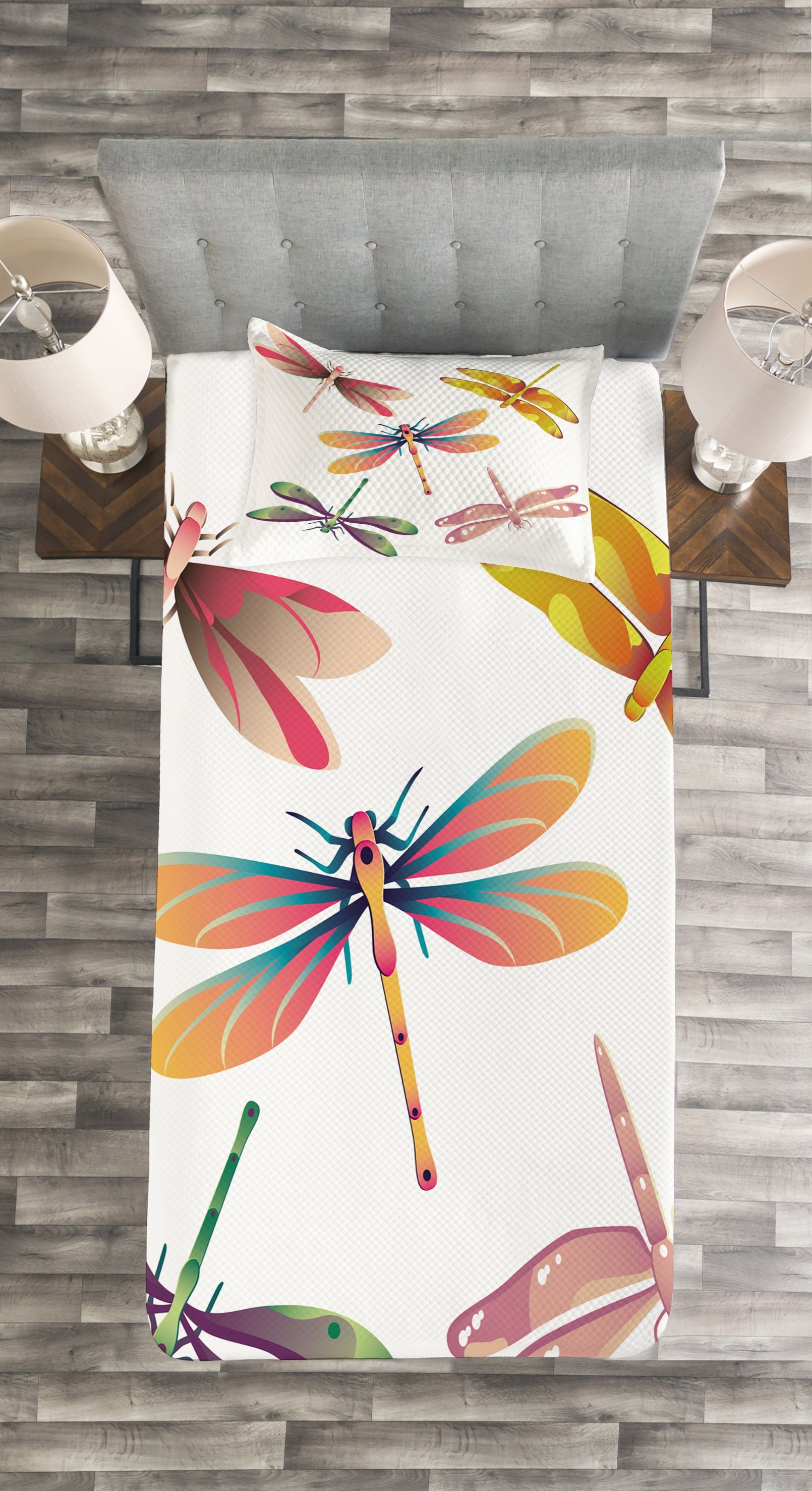 Waschbar, Set Kunst Moderne Bugs Libelle Abakuhaus, mit Tagesdecke Kissenbezügen