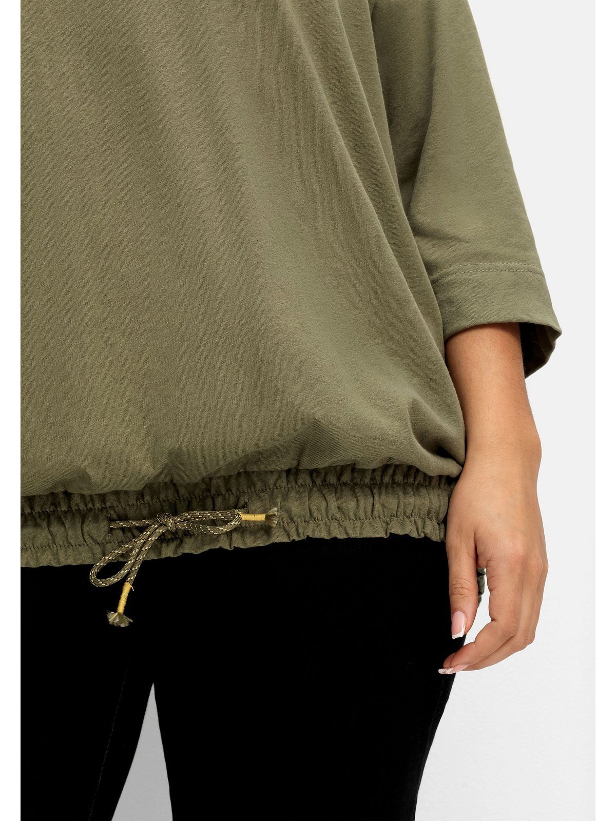 Sheego T-Shirt Große Größen aus khaki mit Saumbund gesmoktem Leinen-Mix