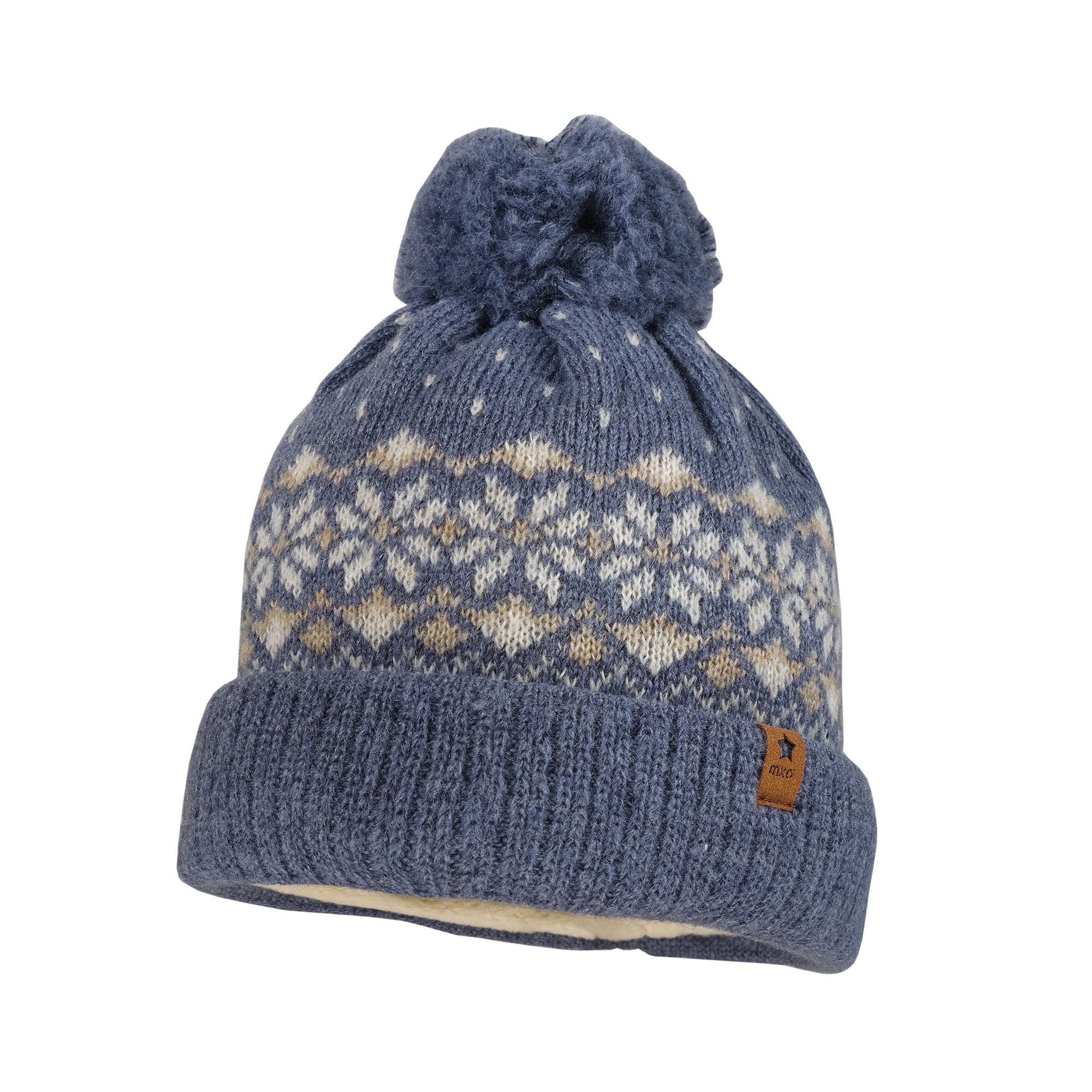 MAXIMO Schlupfmütze MINI-Mütze, Umschlag, Pompon Norwegerjacquard, Futter (1-St)