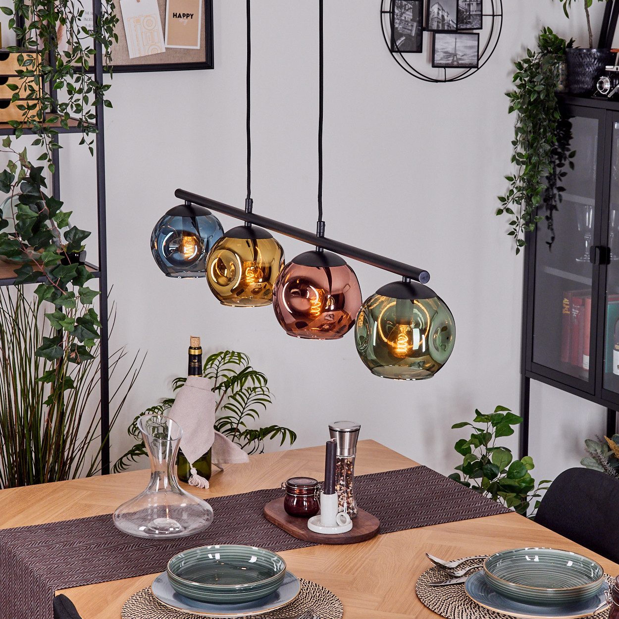 hofstein Pendelleuchte Hängelampe aus Metall/Glas in Schwarz/Blau/Grün/Gold/Kupfer, Hängeleuchte im modernen Retro/Vintage-Design (15 cm), 4 x E14