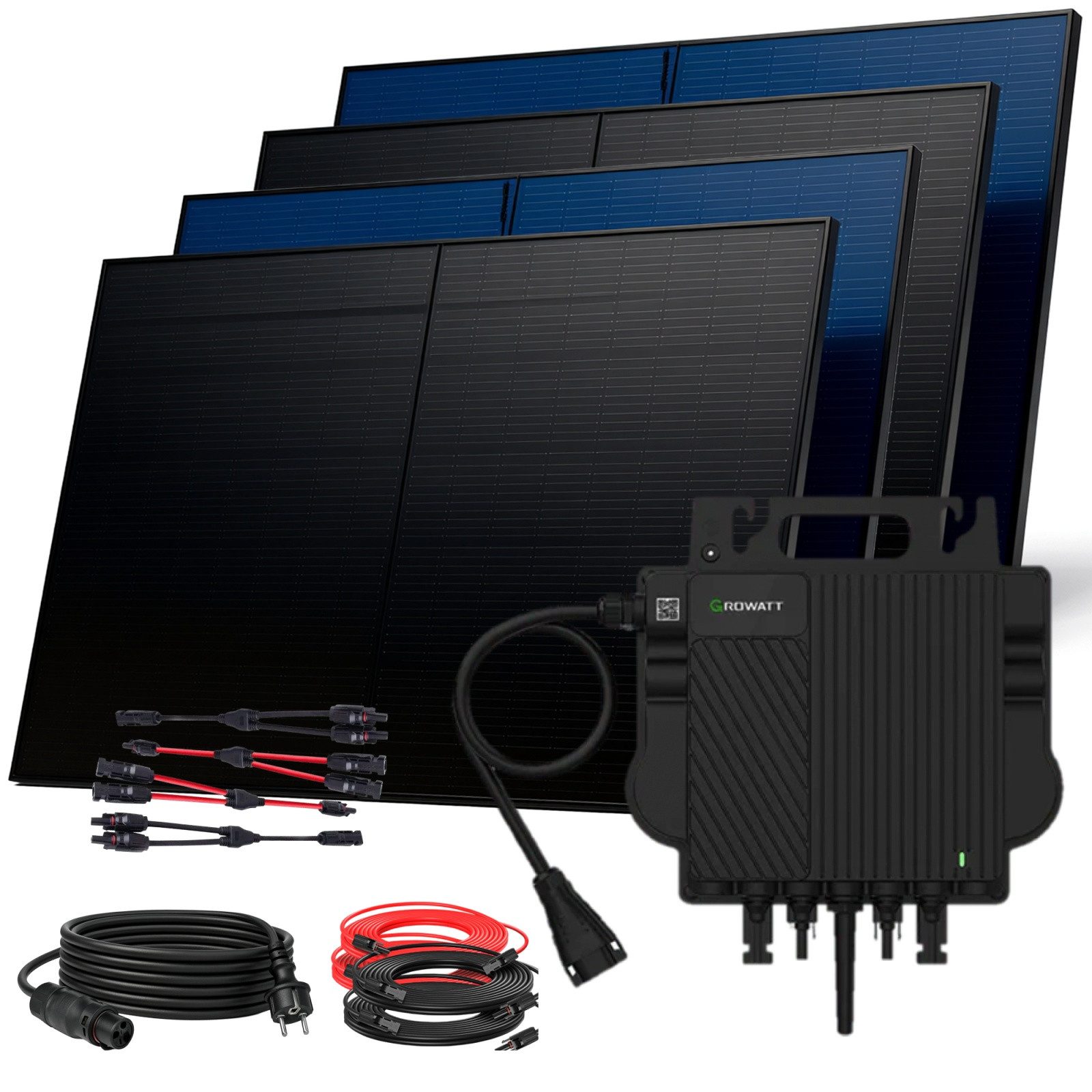 SUNNIVA Balkonkraftwerk 2000W Balkonkraftwerk BIFAZIAL FULLBLACK komplett Steckdose, (GROWATT NEO-800M-X 800 Watt Wechselrichter, Solaranlage Komplettset, 4x 500W N-Type Glas Bifacial Solarmodule, 5m Kabel)