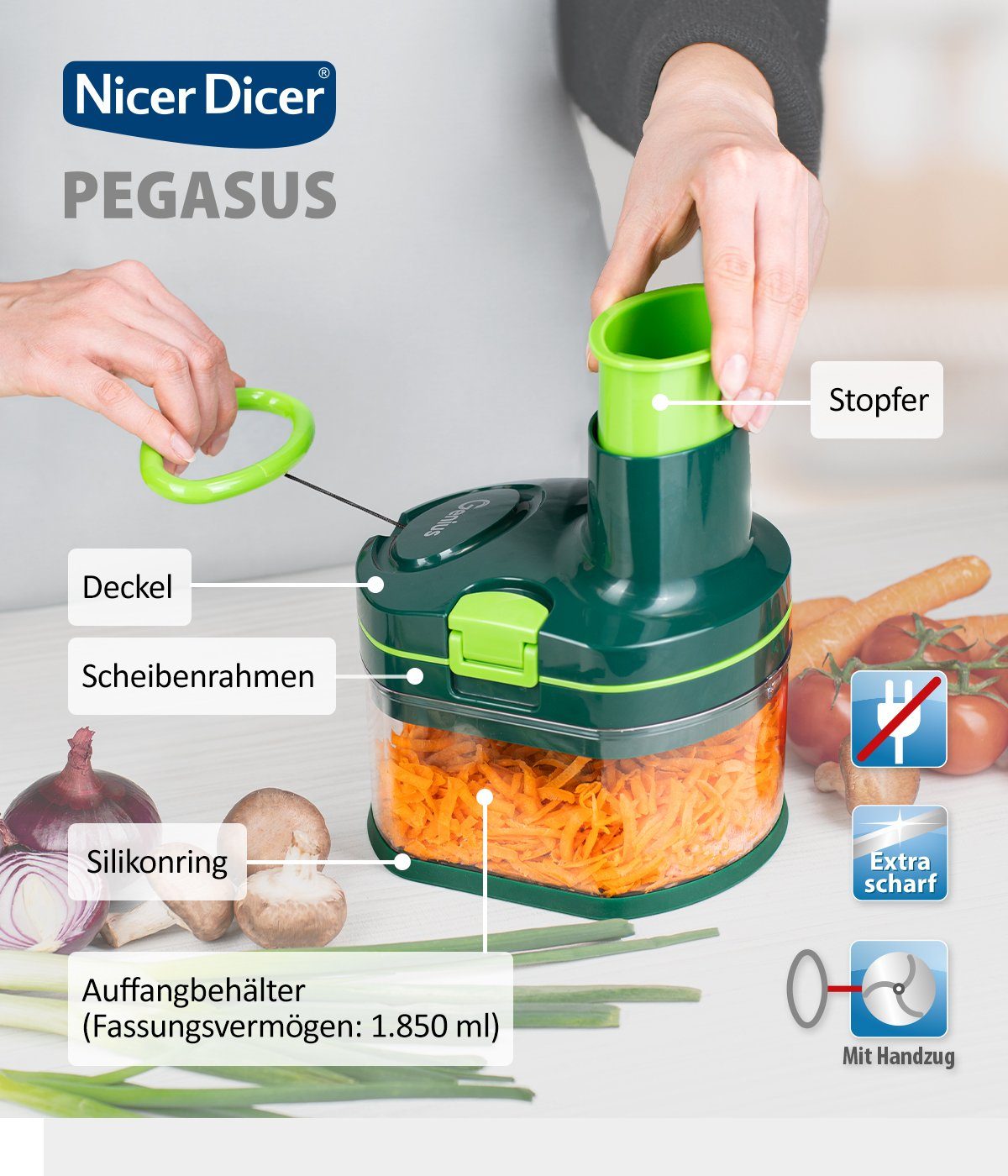 Genius Gemüseschneider Nicer Dicer Pegasus manueller Food Processor Deluxe Set 14-tlg., platzsparende Aufbewahrung und besonders schnelle Reinigung