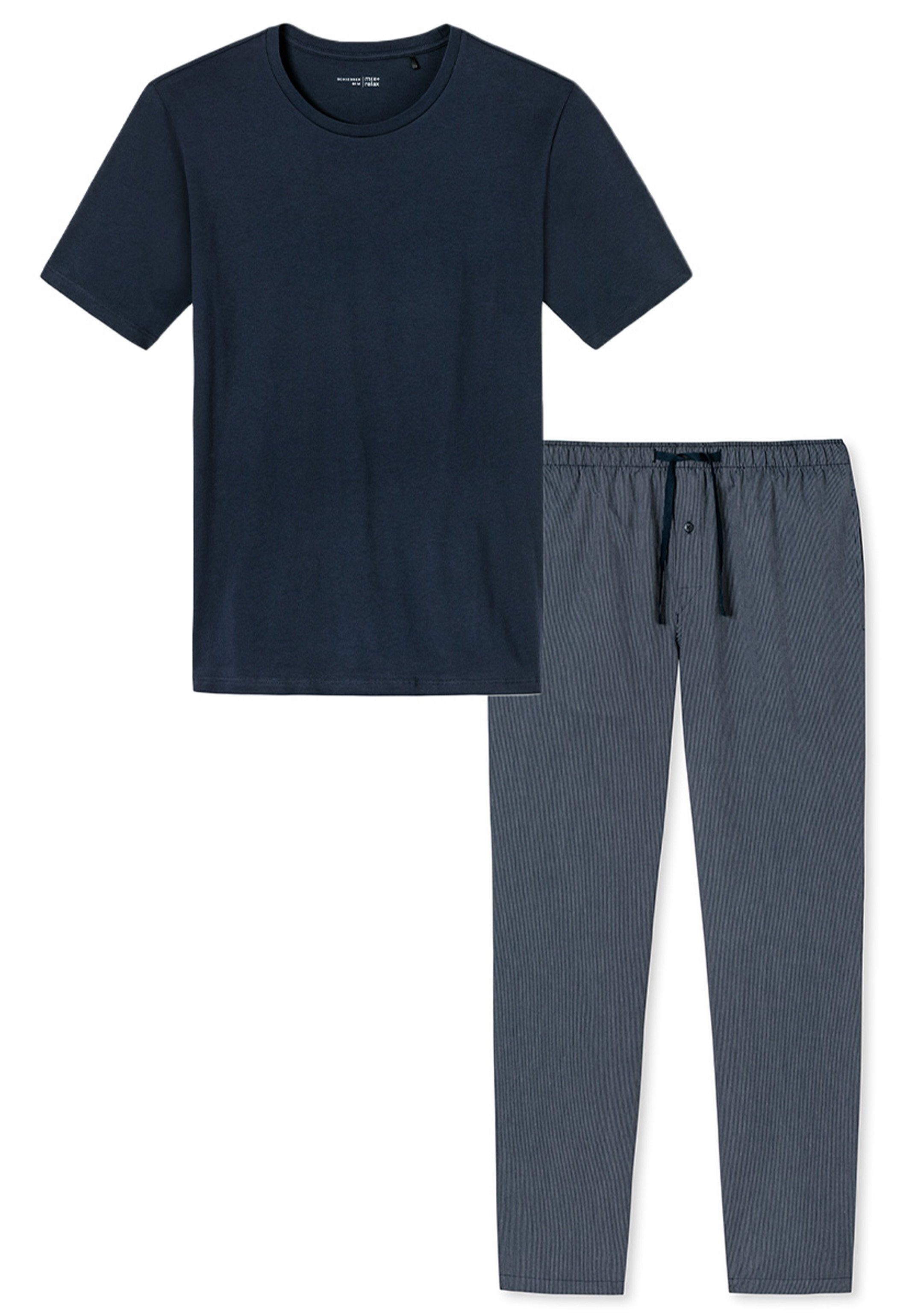 Rundhals-Ausschnitt Schlafanzug (Set, Kurzarm-Shirt - 2 Schiesser gemustert tlg) Pyjama Mix Blau mit - Baumwolle