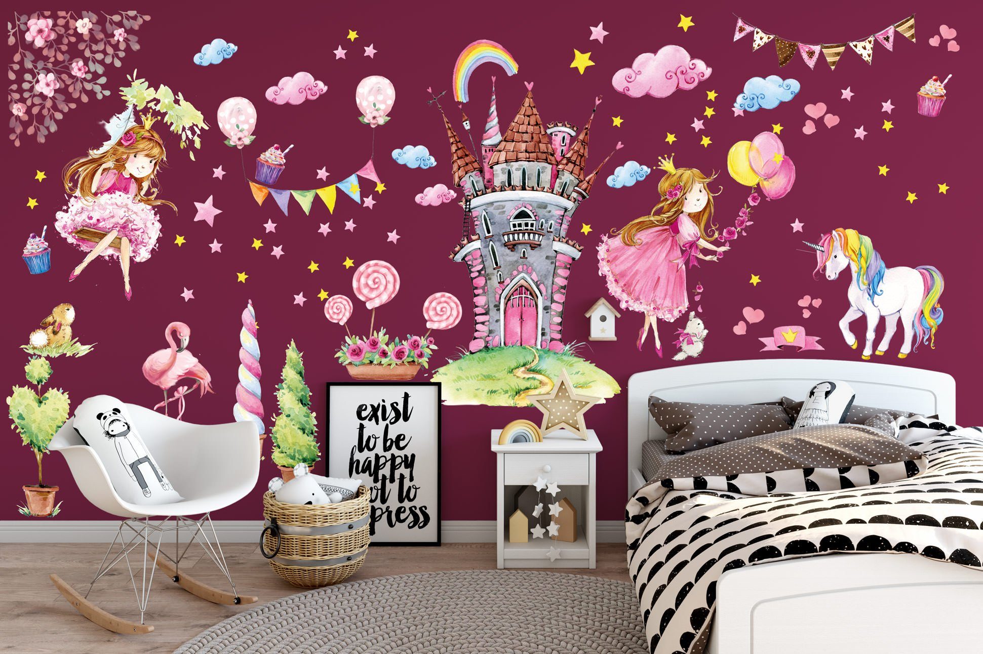Sunnywall Wandtattoo XXL Wandtattoo Prinzessin Rosa Set Kinderzimmer Aufkleber
