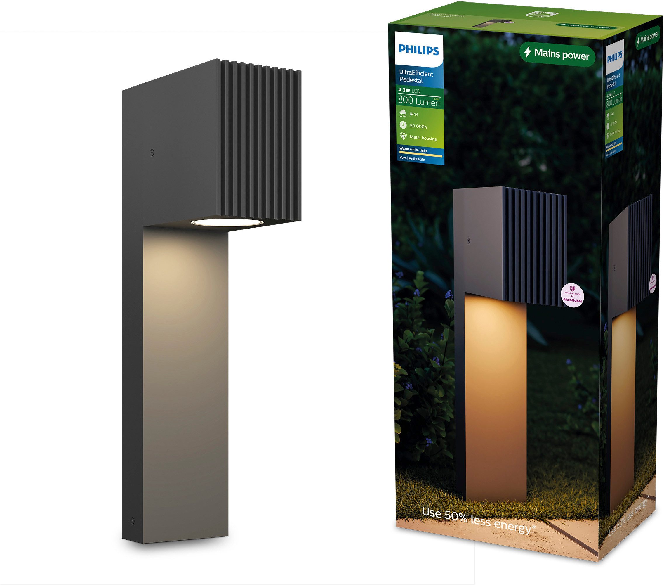 Philips Außen-Stehlampe Voro ultraeffiziente LED Sockelleuchte für Außenbereich, Anthrazit, Ein-/Ausschalter, LED fest integriert, Warmweiß, 800 lm, 2700 K Warmweiß, IP44, PowerShield-Beschichtung, quadratisch