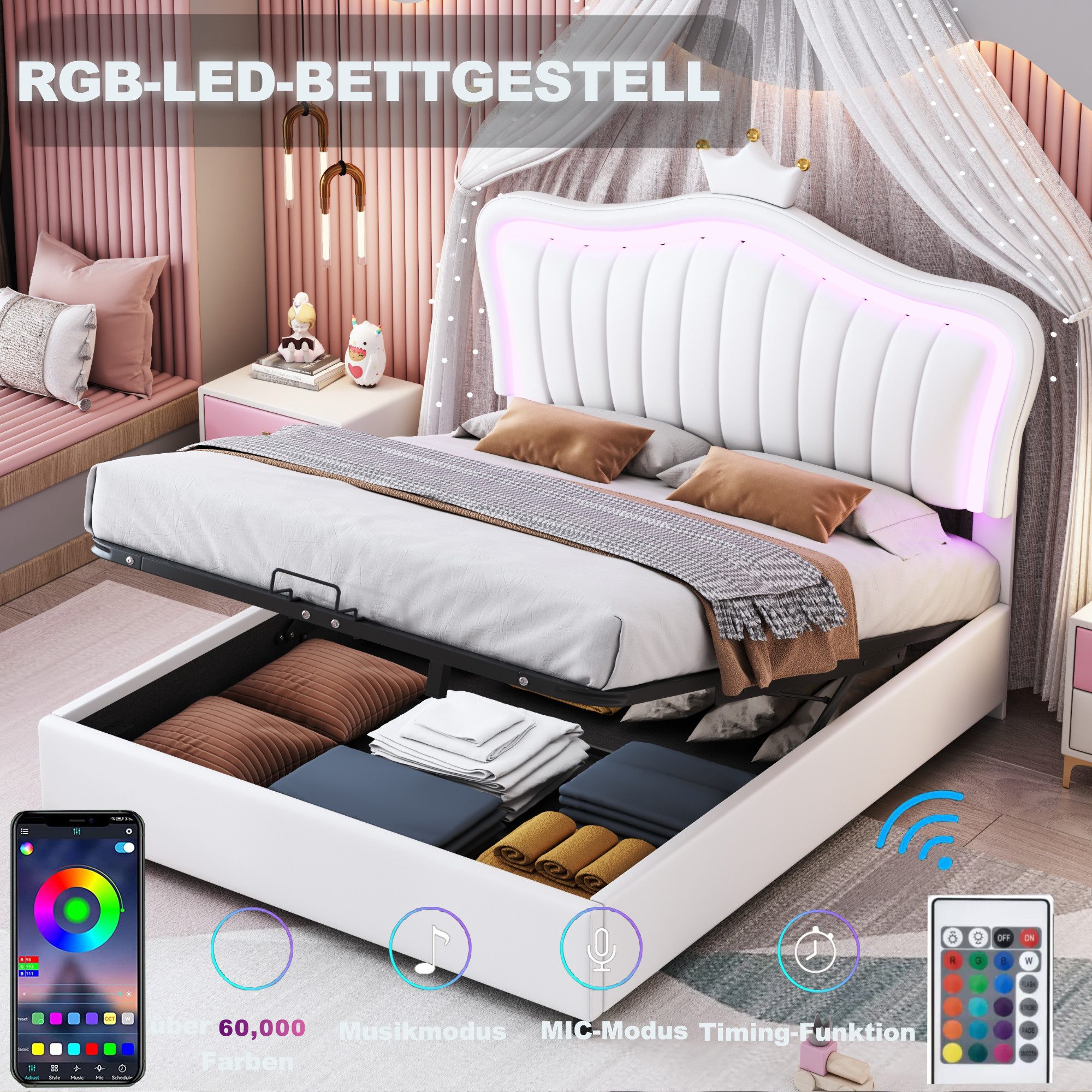 REDOM Polsterbett Bett Kinderbett Polsterbet Gästebett (hydraulisches Stauraumbett, Kronen-Mädchen-Einzelbettgestell aus kunstleder, mit LED-Leuchten, Lattenrost und Rückenlehne), Ohne Matratze