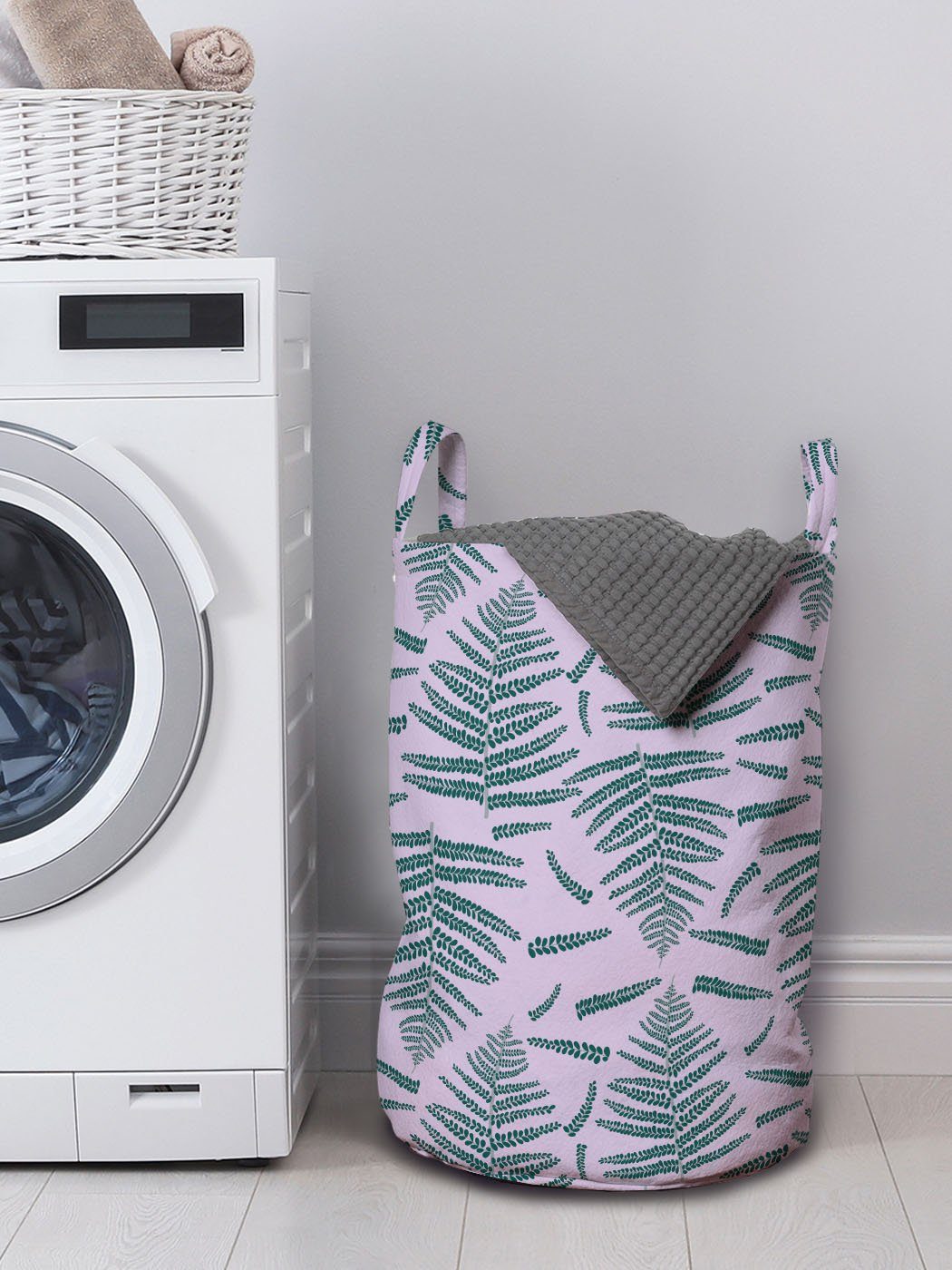 Abakuhaus Wäschesäckchen Wäschekorb mit Botanisch auf Waschsalons, Kordelzugverschluss Griffen für Farn-Blätter Pastell