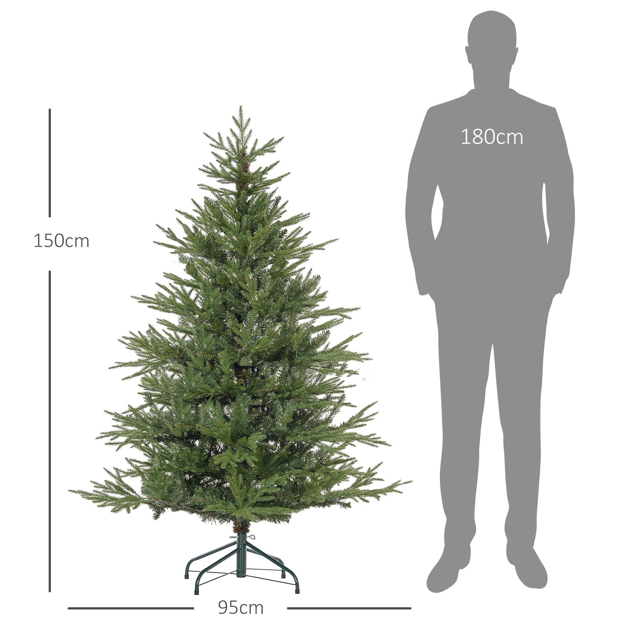 HOMCOM Künstlicher Weihnachtsbaum künstlich Christbaum mit 2380 Spitzen für drinnen, Tanne, 95cm x 95cm x 150cm