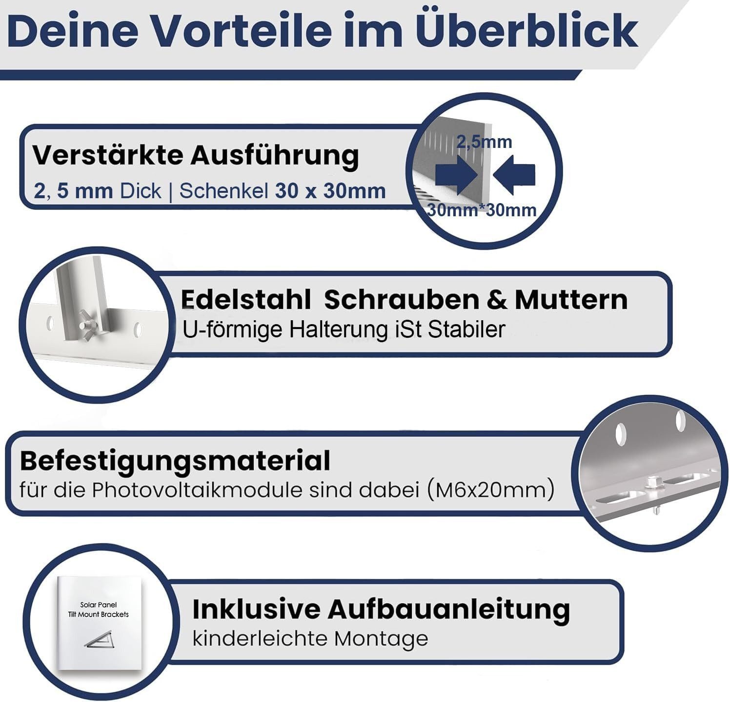 Rhein Beleuchtung Solarmodul Verstellbare Solarmodul-Halterung – 114 cm oder 118 cm, 0 W, Korrosionsbeständige Aluminiumlegierung, (Set, 8-St., Für PV-Module bis 119 cm, inkl. Montageset), 0–90° Neigungswinkel, wetterfeste Aluminiumlegierung