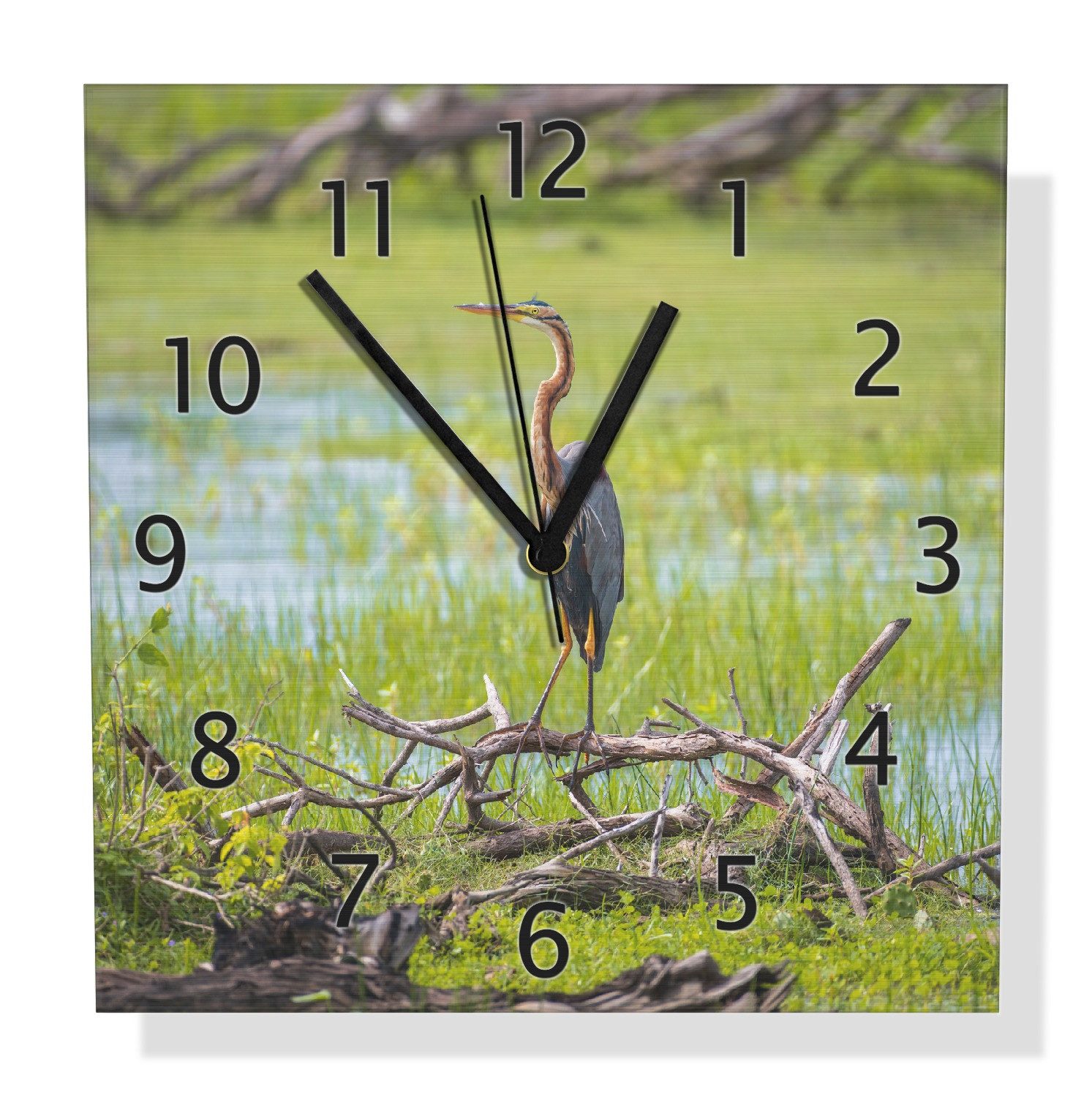 Wallario Wanduhr Graureiher am Wasser (Aluverbunduhr)