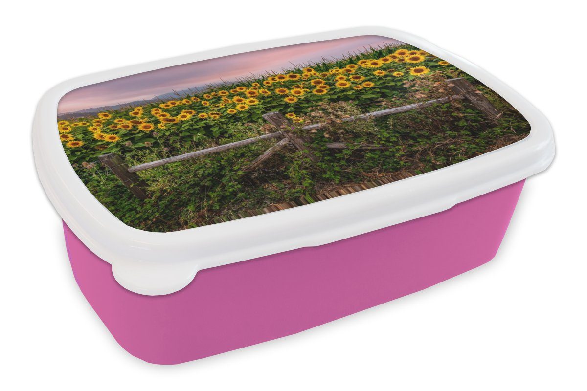 MuchoWow Lunchbox Sonnenblume - Kinder, rosa (2-tlg), - Blumen Erwachsene, Snackbox, Kunststoff, Pflanzen, Brotdose für Kunststoff Brotbox Mädchen
