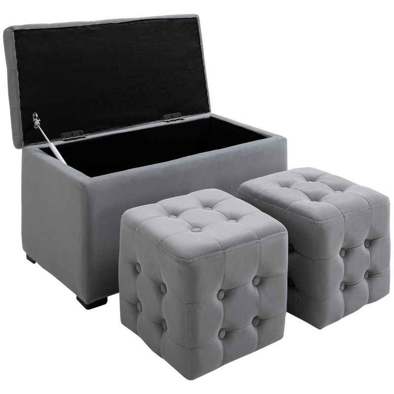 HOMCOM Sitzbank Aufbewahrungshocker-Set (3er Set, 3-St., Sitzottomane), 3 tlg. Sitzbank mit Stauraum 2 x Sitzhocker Polster Schaumstoff Grau
