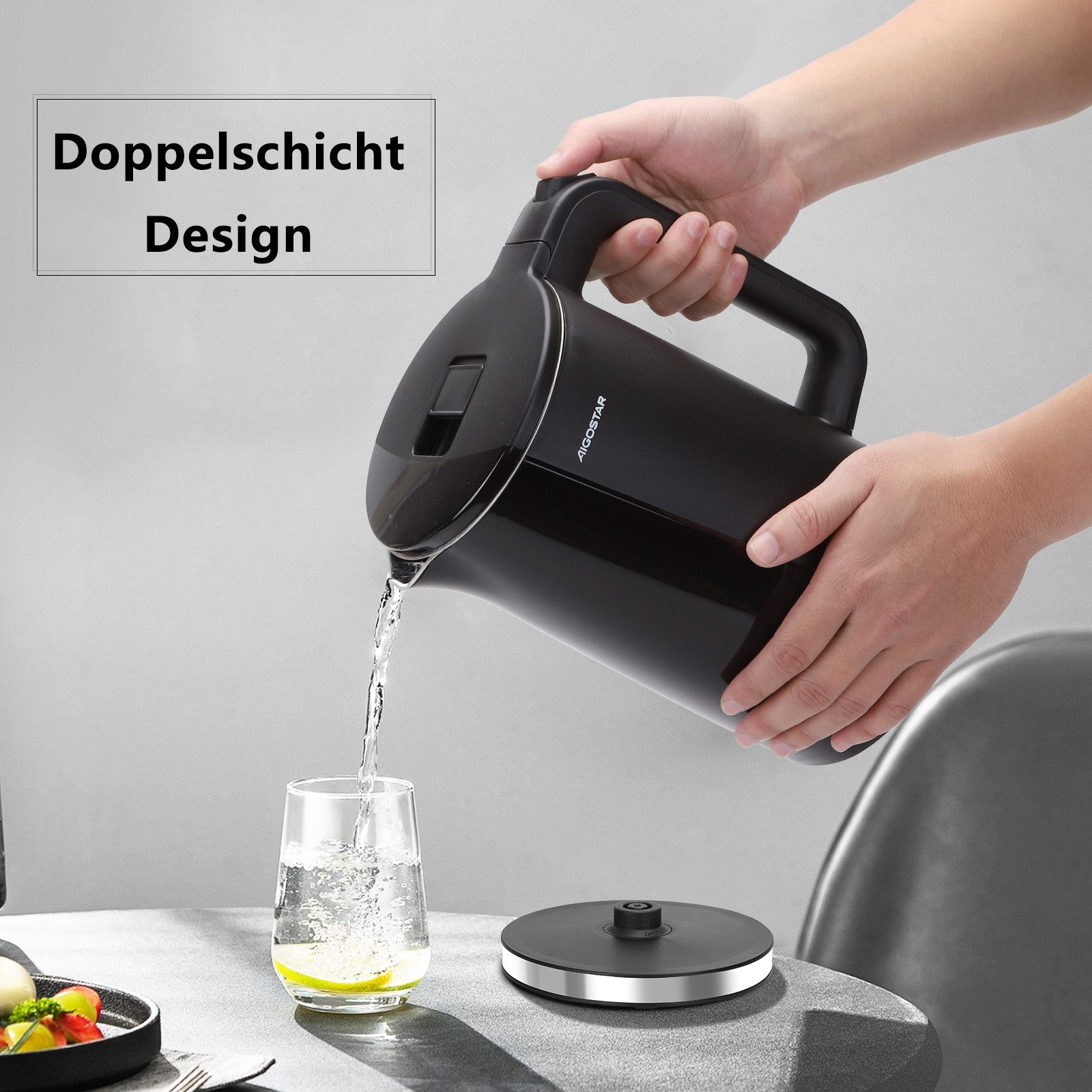 Aigostar Frühstücks-Set Doppelwandiger Wasserkocher aus Edelstahl 1,7L/ 2-Scheiben Toaster, Schnelles Erhitzen, Automatische Abschaltung und Kalkfilter