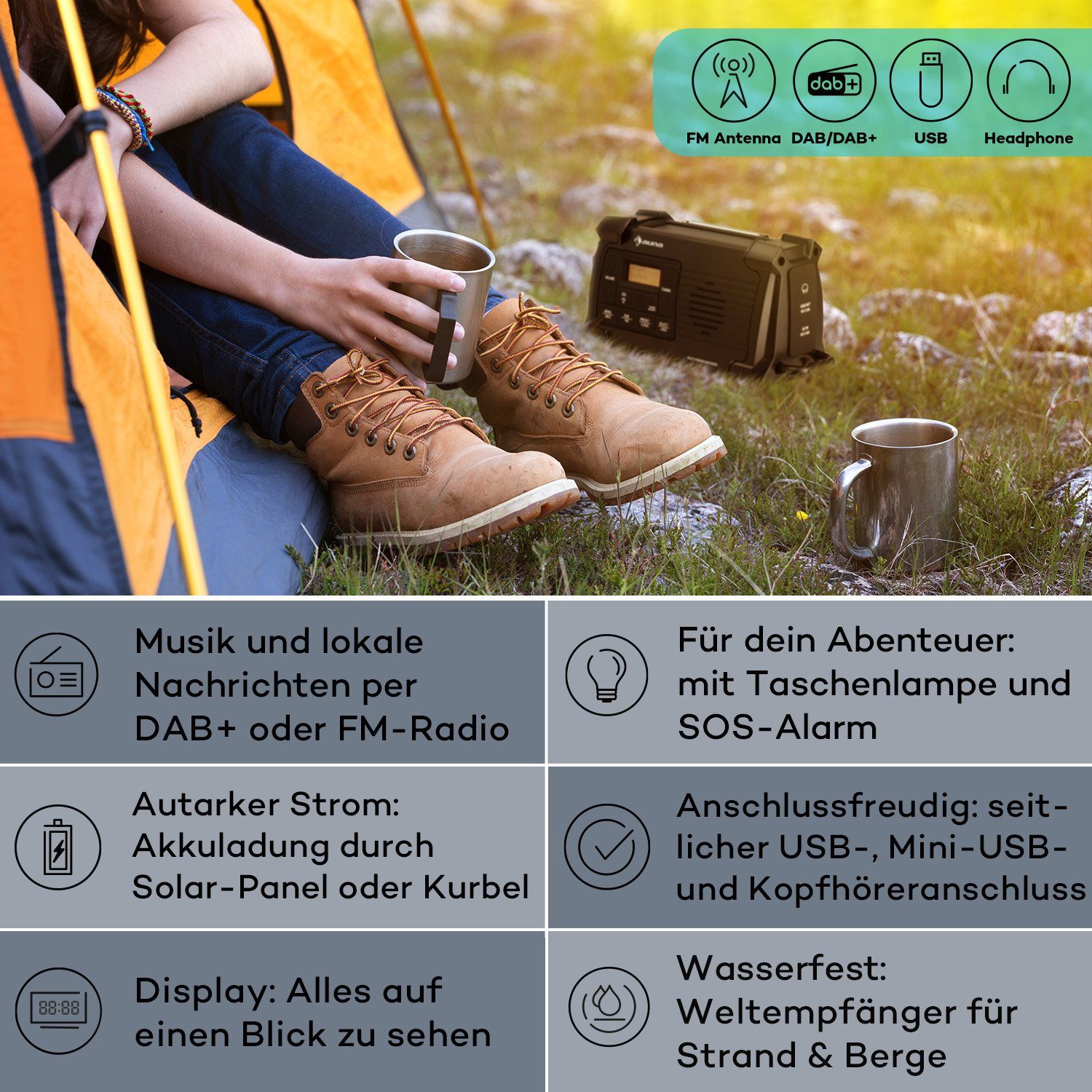 Auna Patagonia DAB+ Radio (DAB / DAB+ und FM-Radio, Outdoor Radio Solar Akku -Aufladung)