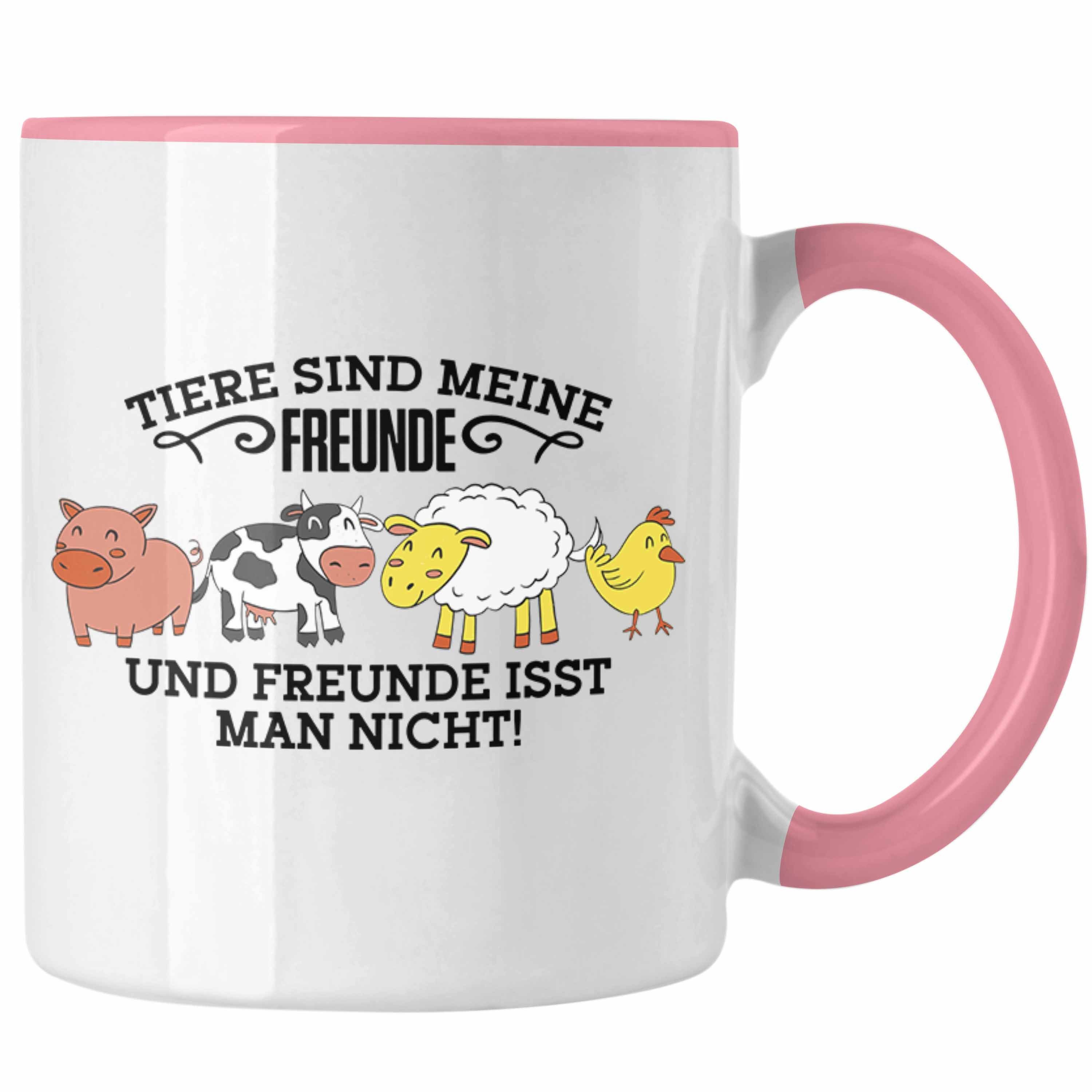 Trendation Tasse Lustige Veganer Tasse - "Tiere sind meine Freunde" Geschenk für Tierli Rosa