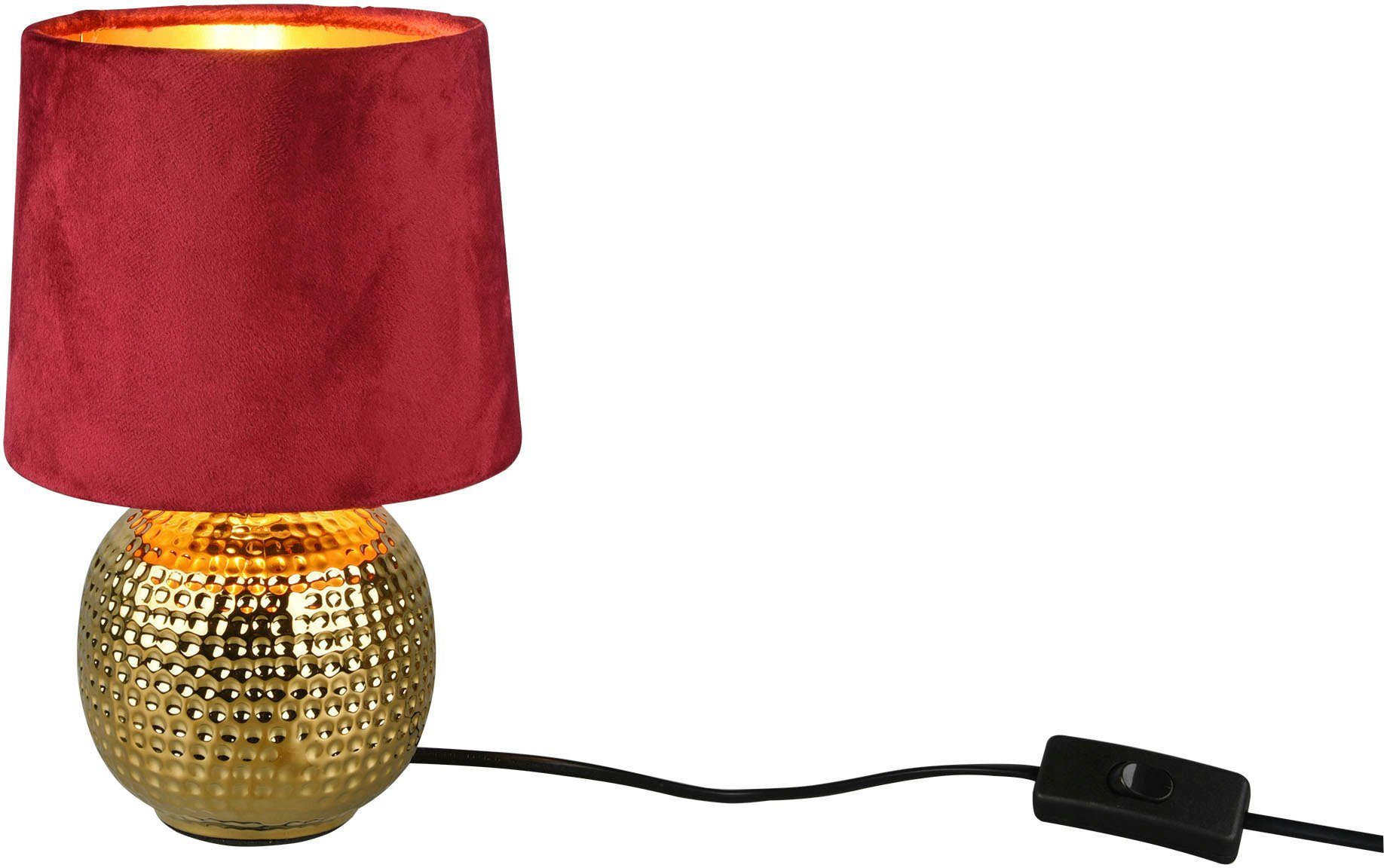 TRIO mit Keramik Nachttischlampe, Leuchten gold Sophia, Fuß ohne Schreibtischlampe rot Leuchtmittel, Samtschirm