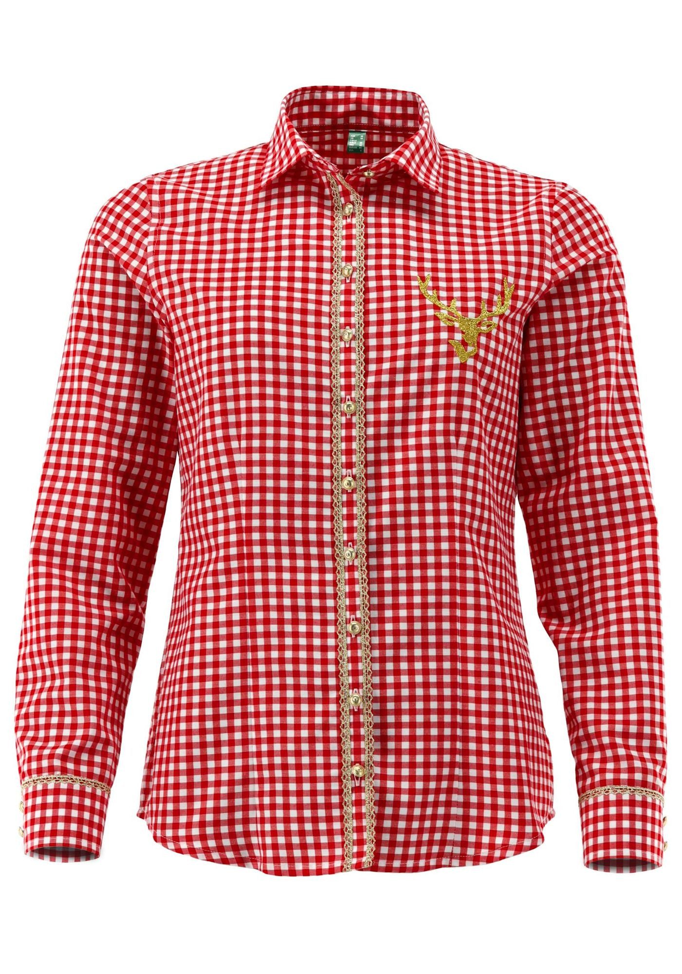 OS Trachten Trachtenbluse Brulup Tailliert, Haifischkragen, goldfarbene Knö günstig online kaufen