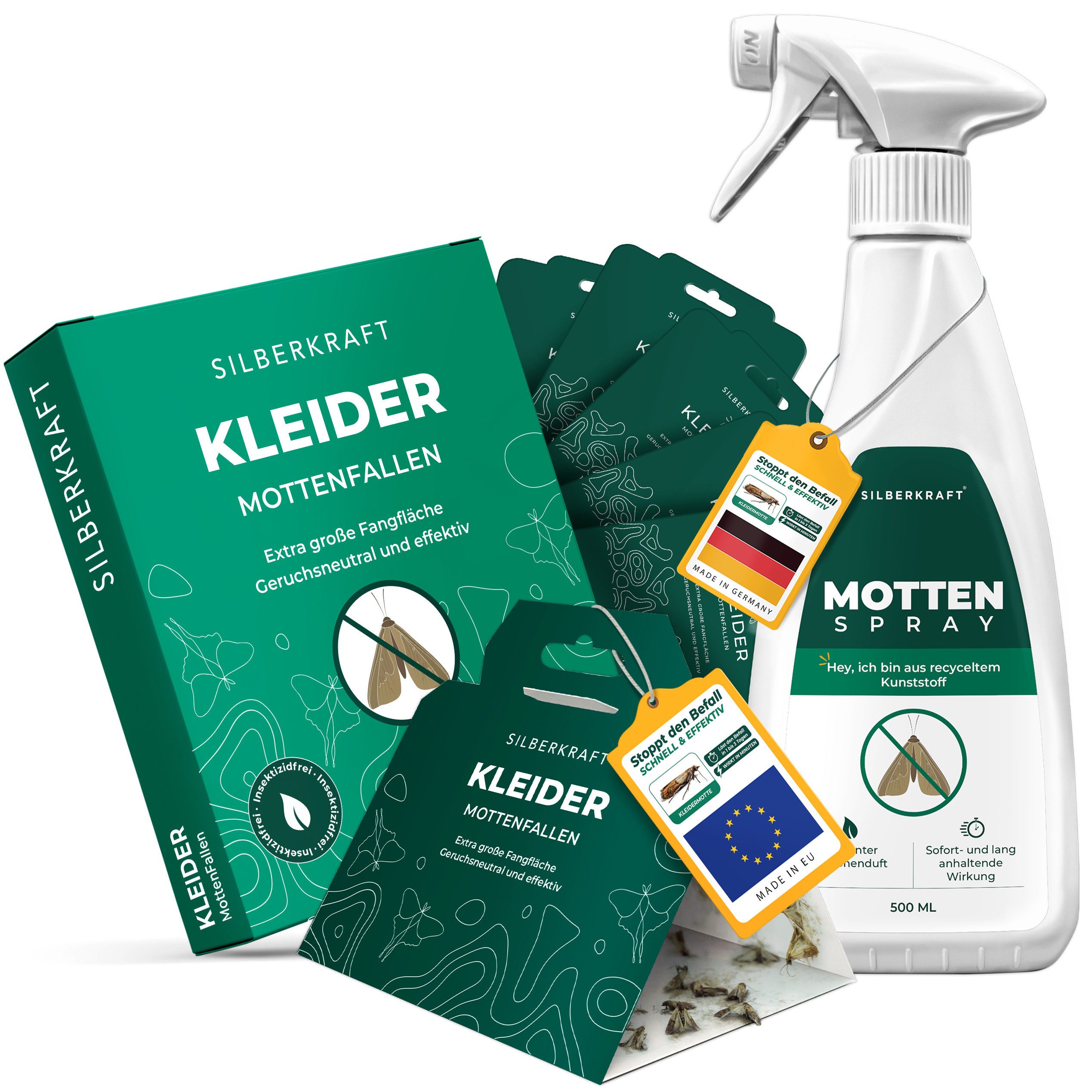 Insektenvernichter Silberkraft Mottenfrei - Set Mottenspray 500ml & Mottenfalle 6 Stk.