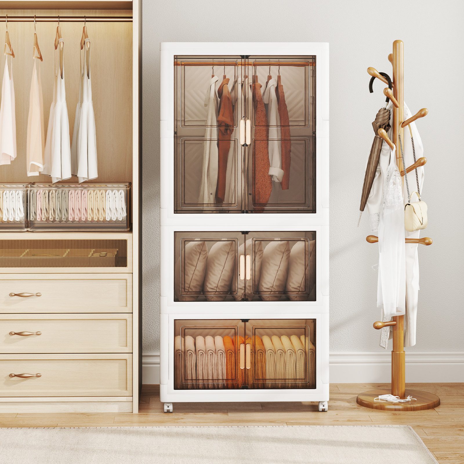 COSTWAY Kleiderschrank mit 10 Kleiderbügeln& Rollen, günstig online kaufen