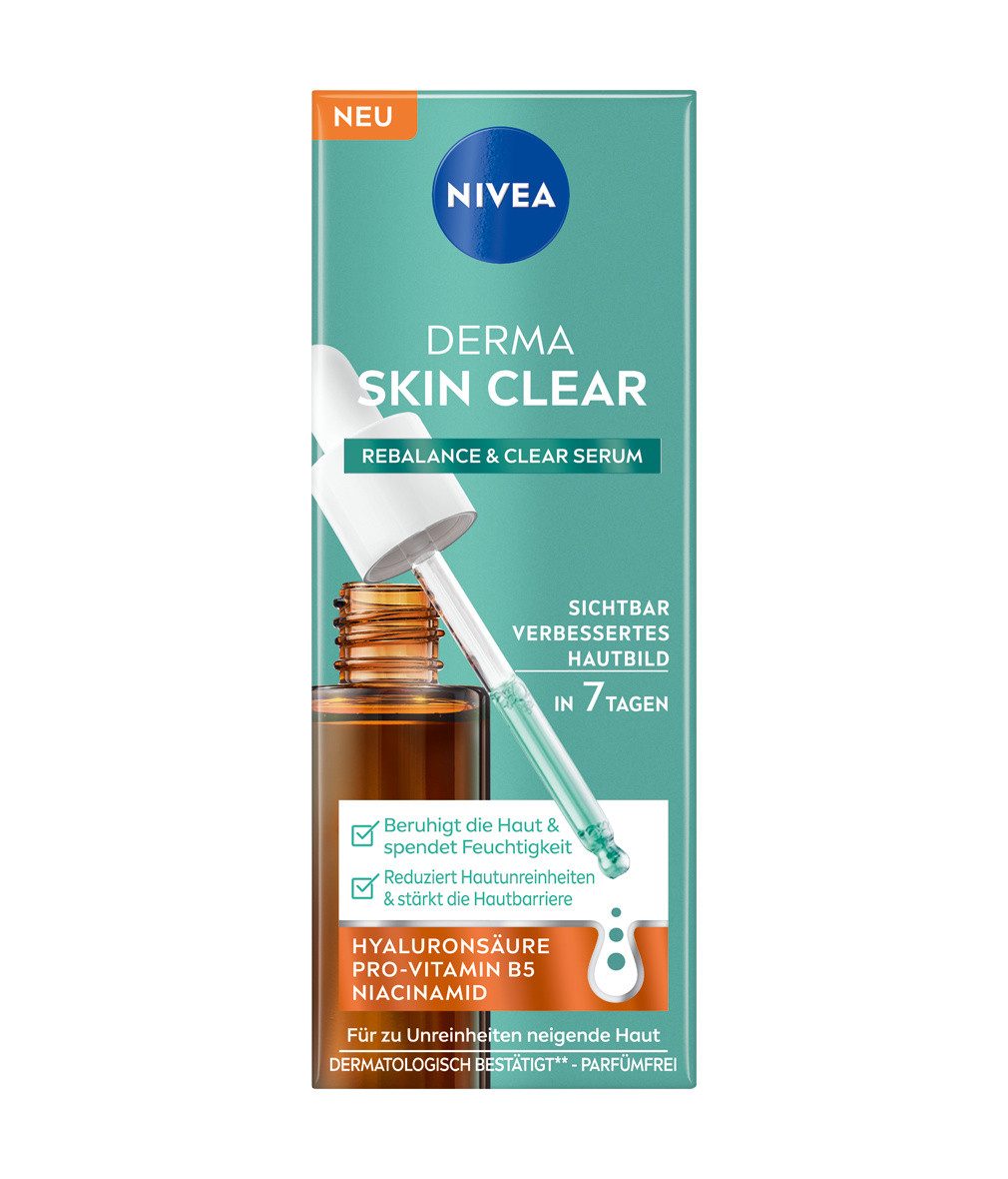 Nivea Gesichtsserum Derma Skin Clear Regenerate & Clear Serum 30ml, 1-tlg., mit Hyaluronsäure, Pro-Vitamin B5 und Niacinamid