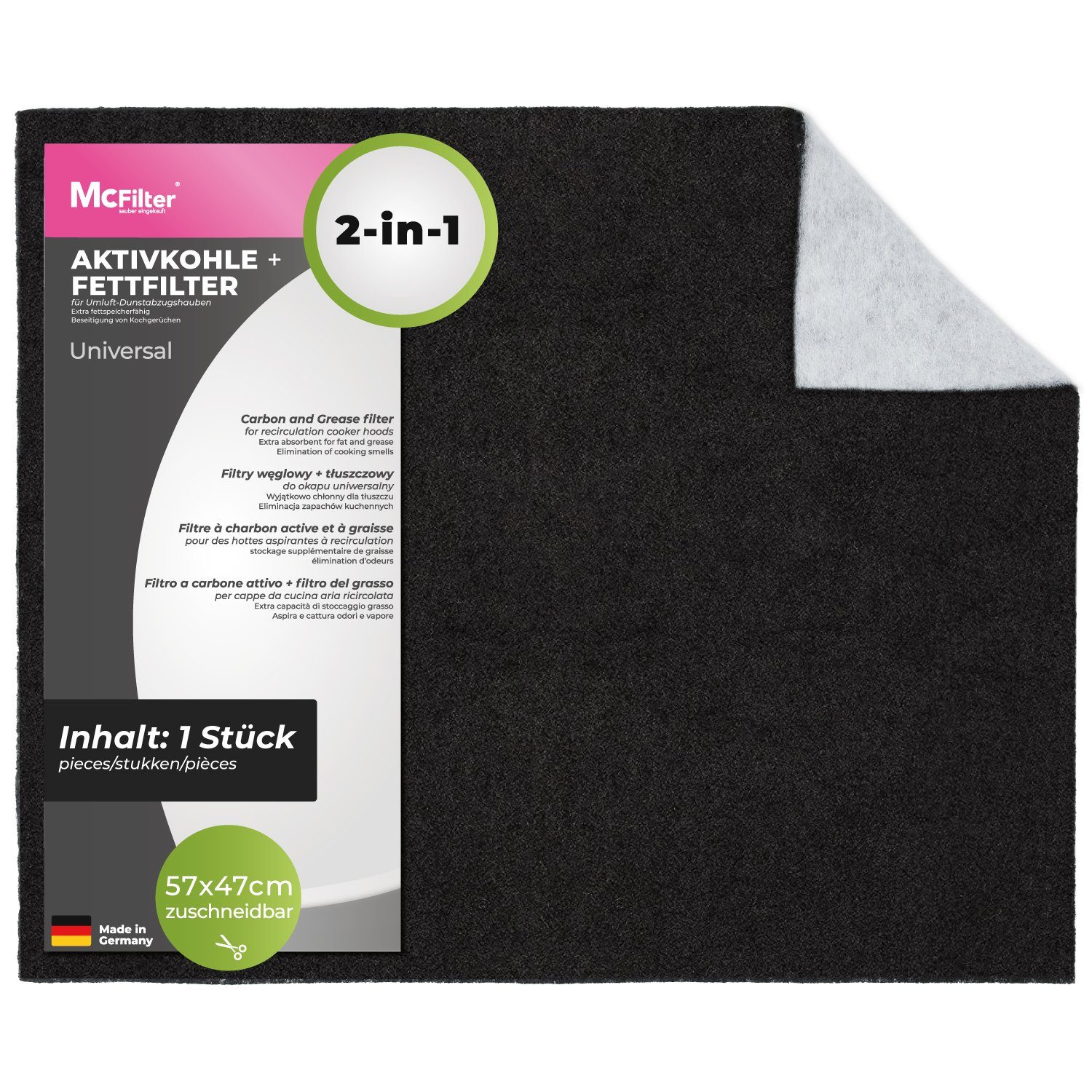 McFilter Fettfilter Universal Aktiv Kohlefilter 57 x 47cm, Zubehör für alle handelsüblichen Dunstabzugshauben, 2-lagig, Doppelfilter, zuschneidbar