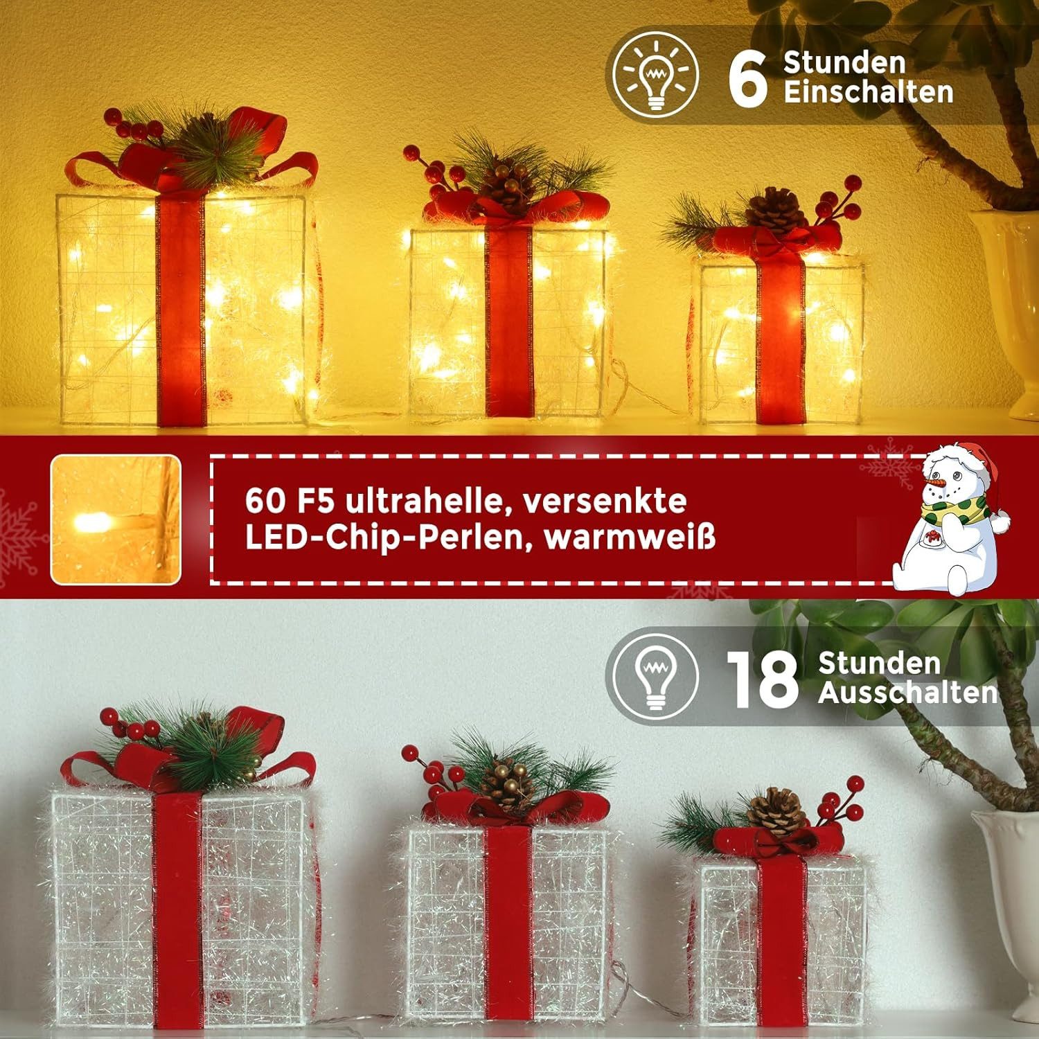 Quntis Weihnachtsfigur 3er Set LED Geschenkbox Weihnachten, Weihnachtsdeko mit Stecker, Timer (3 St), 60 warmweiße LEDs, Weihnachtsbeleuchtung für Baum, Fenster – Bild 3 von 5