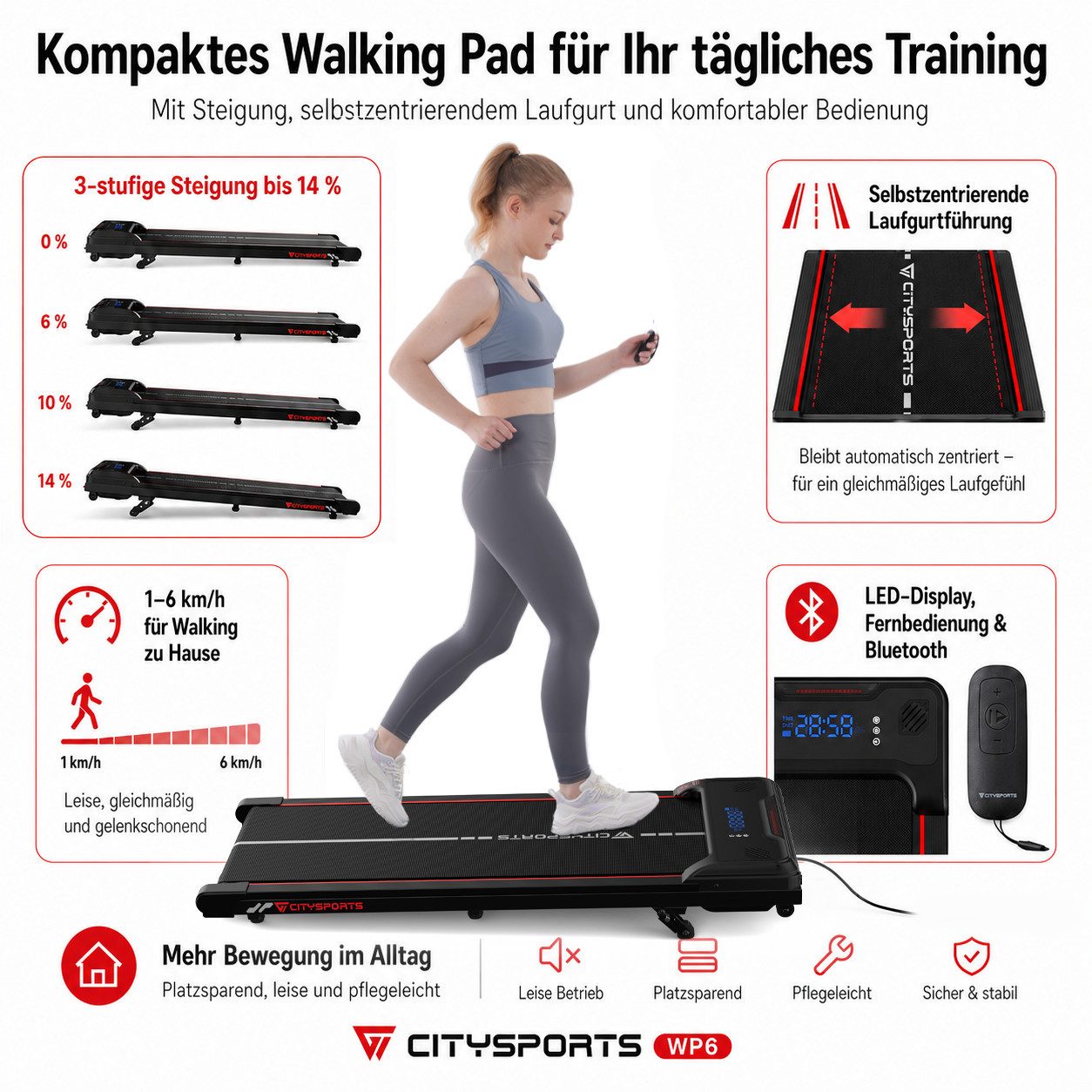 CITYSPORTS Laufband Laufband WP6 Walking Pad, 1–6 km/h, 440 W, 3-stufige Steigung bis 14 % (Mit toolkit,mit Schmiermittel), 120 kg, selbstzentrierender Laufgurt, LED-Display, Bluetooth