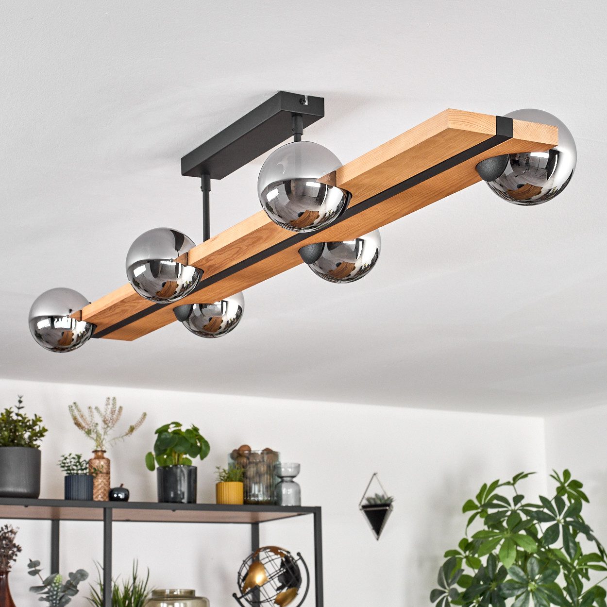hofstein Deckenleuchte Deckenlampe aus Metall/Holz/Glas in Schwarz/Natur/Ch günstig online kaufen