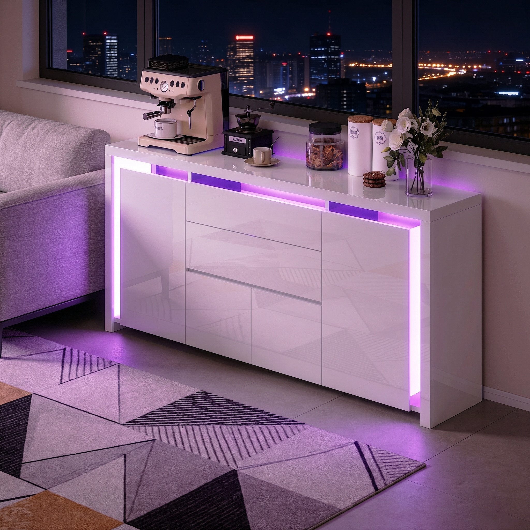 Furnishings Home Sideboard Mehrzweckschrank LED Hochglanz Buffetschrank, Breite 160 cm (1 St., Beistellschrank mit 4 Fächern und 2 Schubladen), Hochglanz mit LED inkl. Push-to-open-Funktion