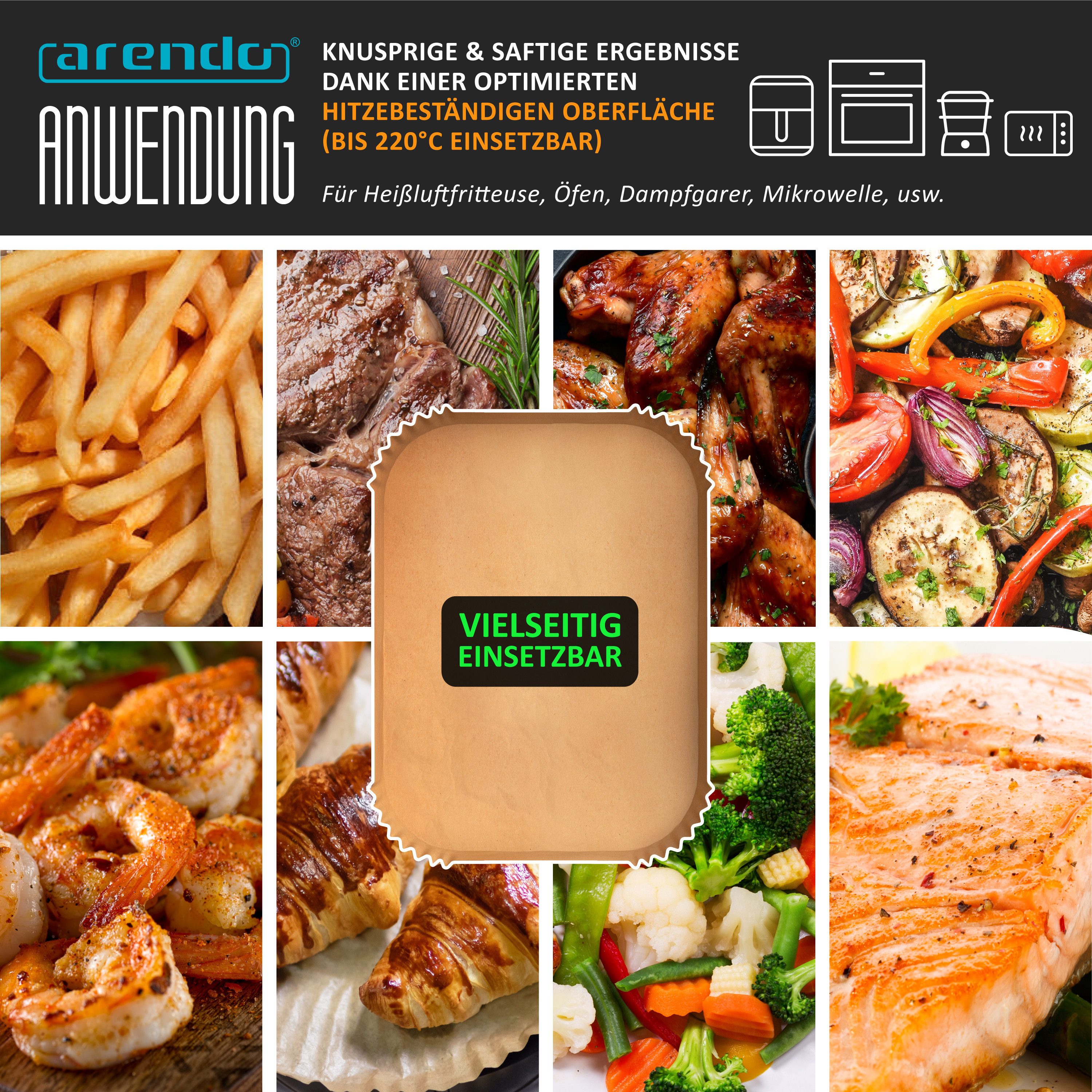 Arendo Backpapier für Heißluftfritteuse 4,5 - 10 L, 100 St., 22 x 14 x 4,5 cm, Antihaft, ungebleicht, wasser- und ölbeständig, für Airfryer, Ofen, Mikrowelle