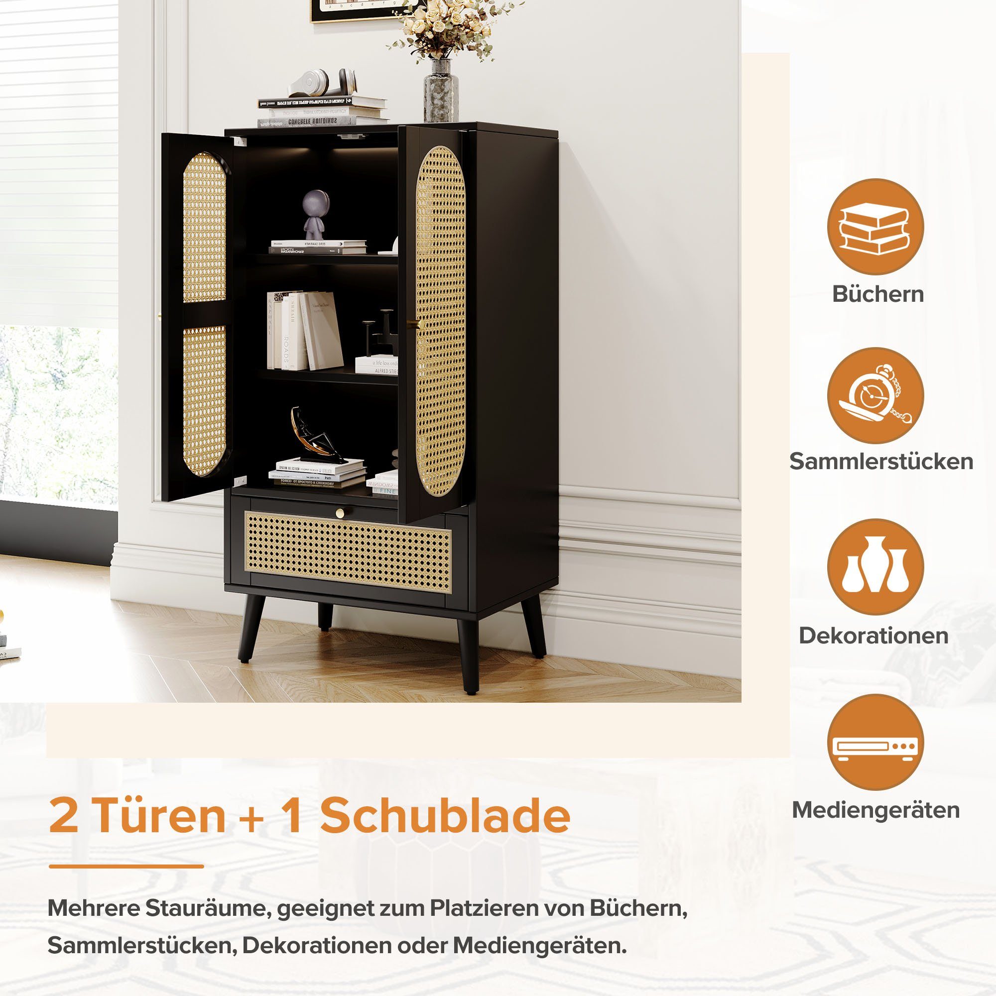 Merax Highboard mit Rattantüren und einer Schublade, Sideboard Landhausstil mit Metallgriffe,Kommode,B/H/T:60/110,5/40cm