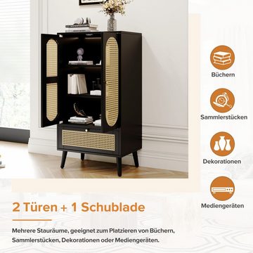 Merax Highboard mit Rattantüren und einer Schublade, Sideboard Landhausstil mit Metallgriffe, Kommode, B/H/T:60/110,5/40cm