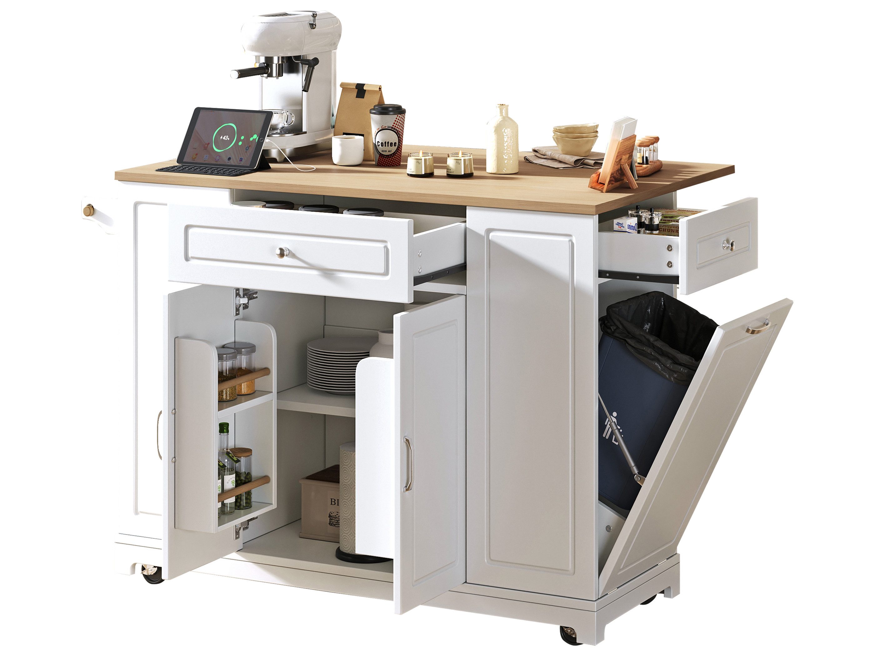 SeedWave Kücheninsel mit 120cm Klappbarer Tishcplatte, Ladefuntion, Mülltonnenabteil, Küchenwagen inkl. 2 seitliche höhenverstellbare Regale, Handtuchhalter