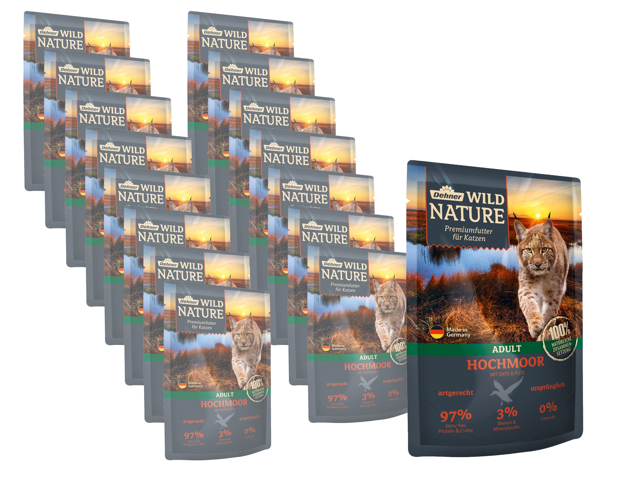 Dehner Katzenfutter Adult Hochmoor Ente/Pute 16 x 85 g Ente, Nassfutter für: Katze