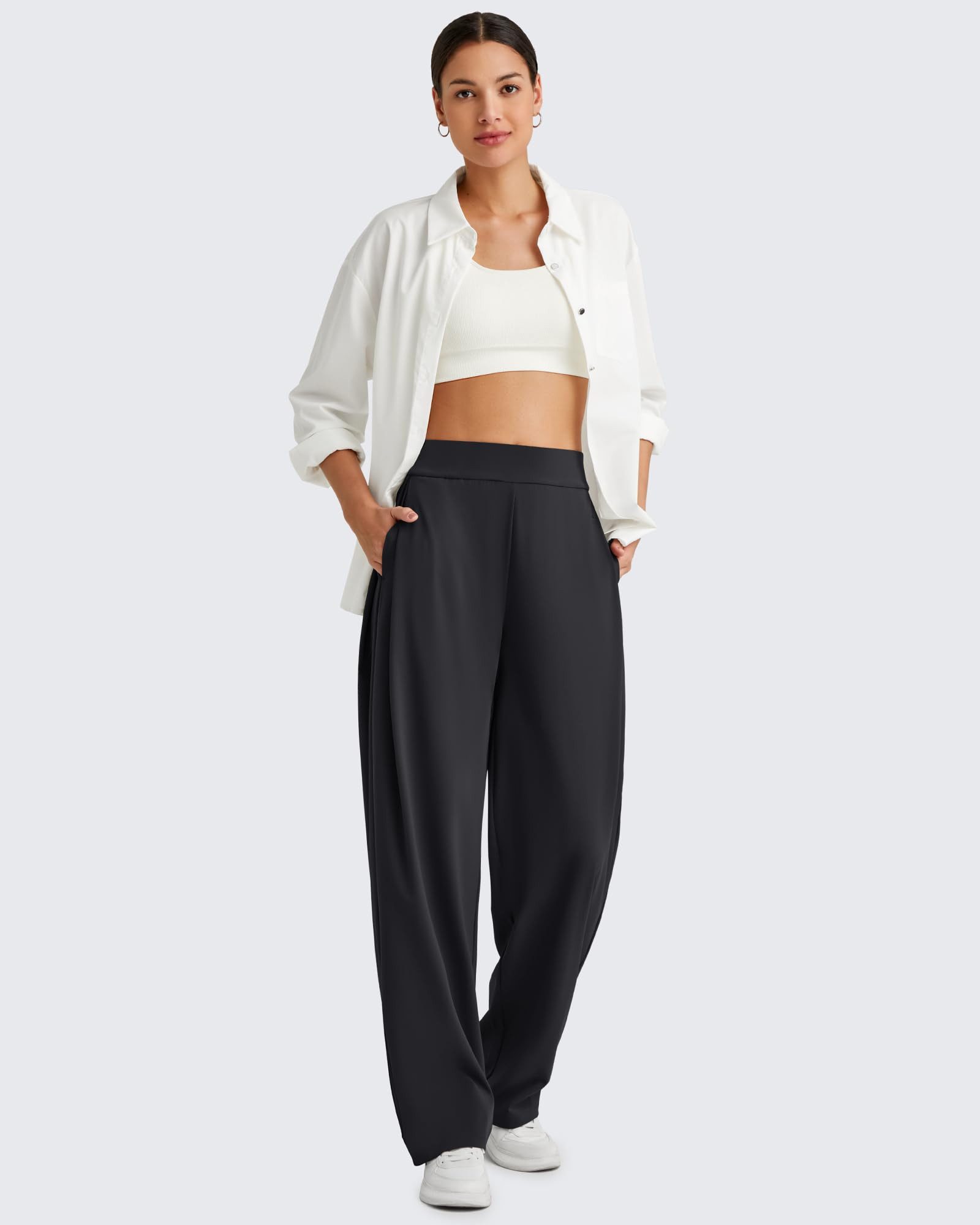 G4Free Palazzohose Damen Weite Business-Freizeithose, lockere Lounge-Hose im Business-Look, elegante Anzughose mit Taschen