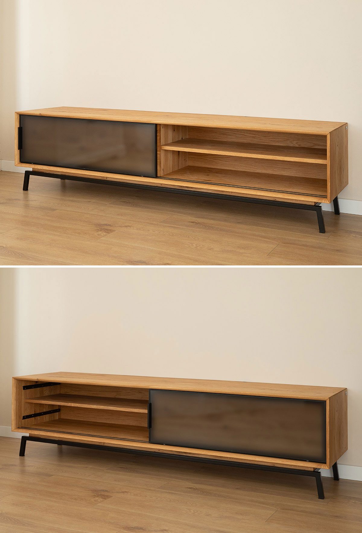 Feldmann-Wohnen Lowboard Modern Loft (2-türig, mit Einlegeböden, mit Glaseinsatz, 1 St., Massivholz, geölte Oberfläche), 200x50x52cm 2-türig Eiche Natur