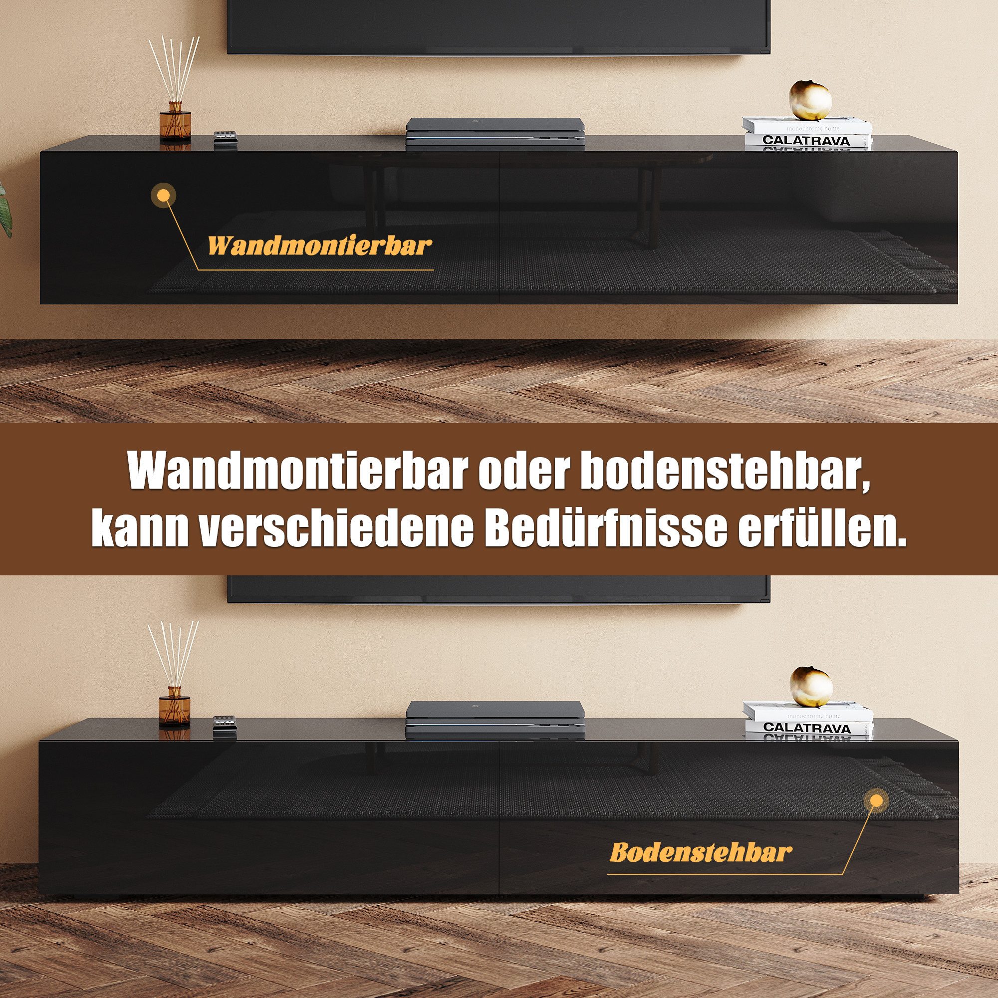 SONNI TV-Schrank Lowboard TV Schrank Schwarzer Hochglanz mit Klapptür – Bild 5 von 5