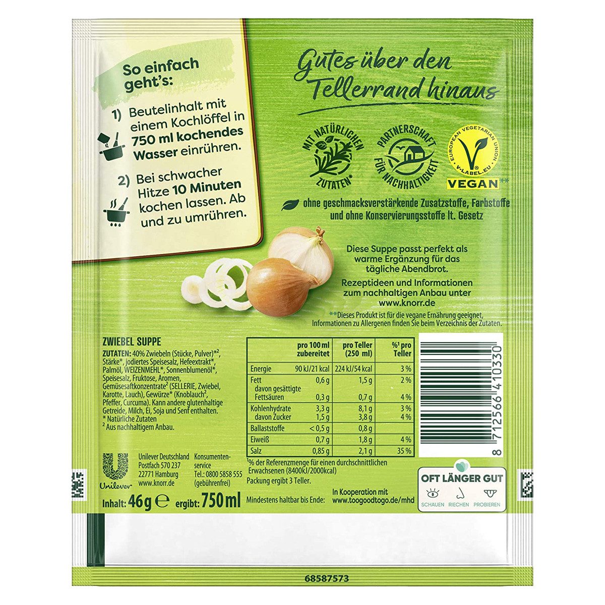 Knorr Fertiggericht, Knorr Zwiebelsuppe mit köstlichen Röstzwiebeln für 3 Teller 46g