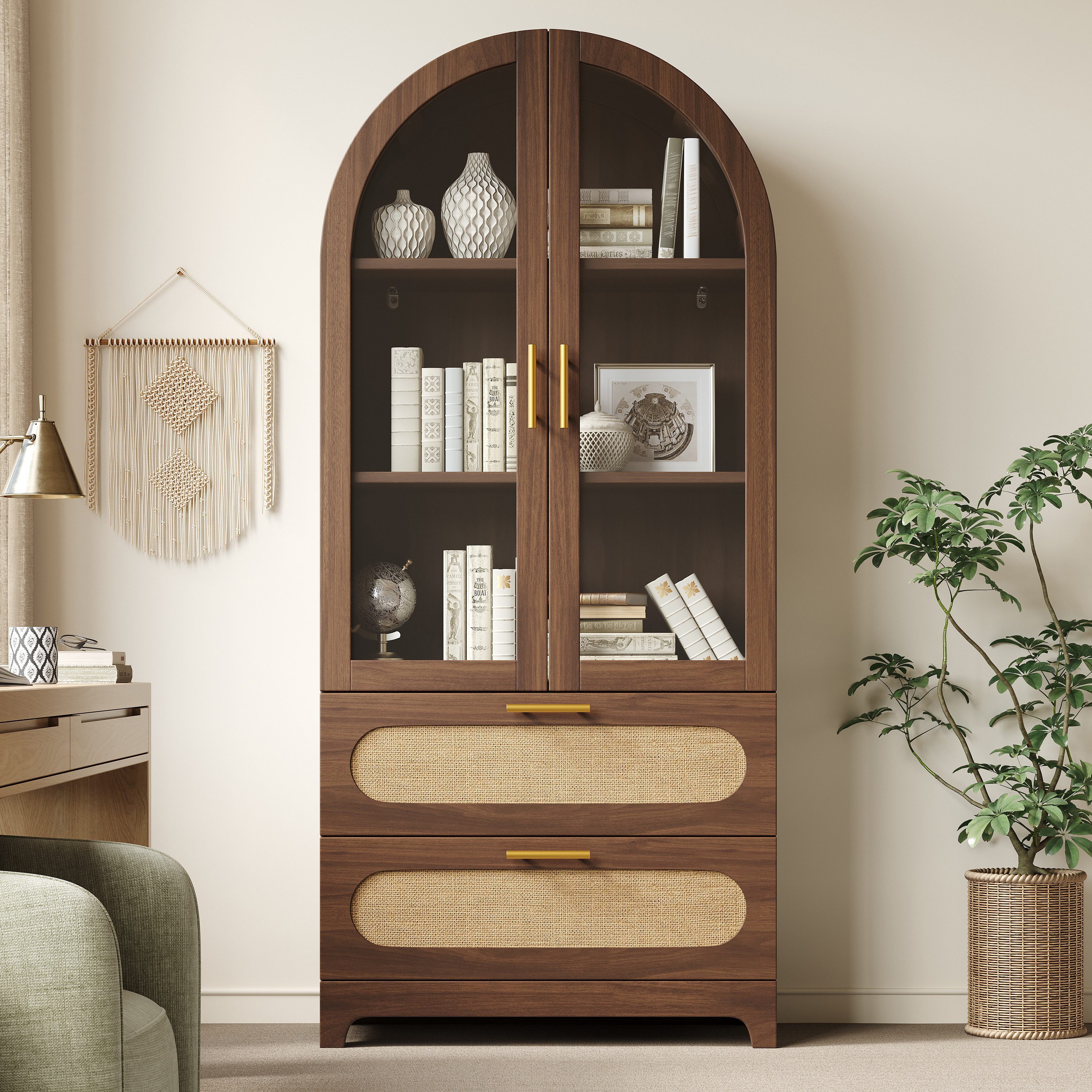 BlingBin Bücherregal Vitrine mit Montmartre-Bogen, Nussbaum, 1er Set 1-tlg., mit 2 Schubladen & verstellbaren Böden