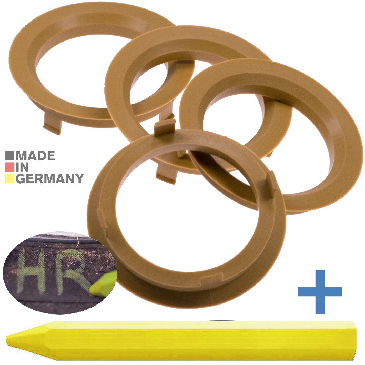 RKC Reifenstift 4X Zentrierringe Hellbraun Felgen Ringe + 1x Reifen Kreide Fett Stift, Maße: 70,1 x 57,1 mm