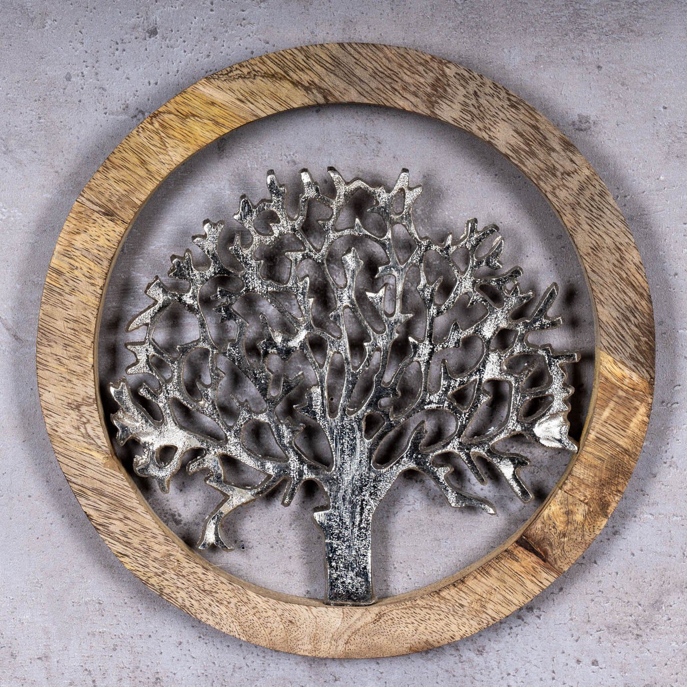 Wandbild 1 Silber Ø25cm Mango Lebensbaum Braun Metall Variante Bild Levandeo® Dekoobjekt, Holz