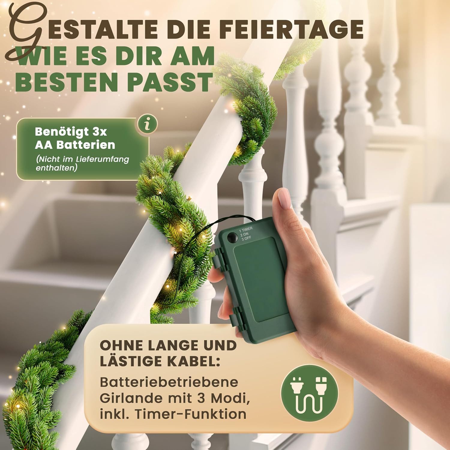 Kunstgirlande Weihnachtsgirlande künstlich, Tannengirlande 270-1000 cm, mit/ohne LED, ArtiTree, Höhe 270 cm, 100% PE-Spritzguss, langlebig, wie echt, naturgetre – Bild 4 von 5
