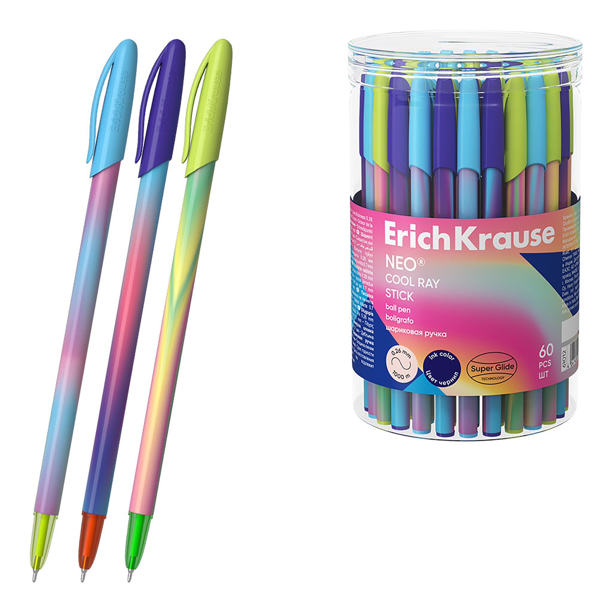 Erich Krause Kugelschreiber, Kugelschreiber NEO Cool Ray Stick 0,26mm 60er Pack Blau sortiert